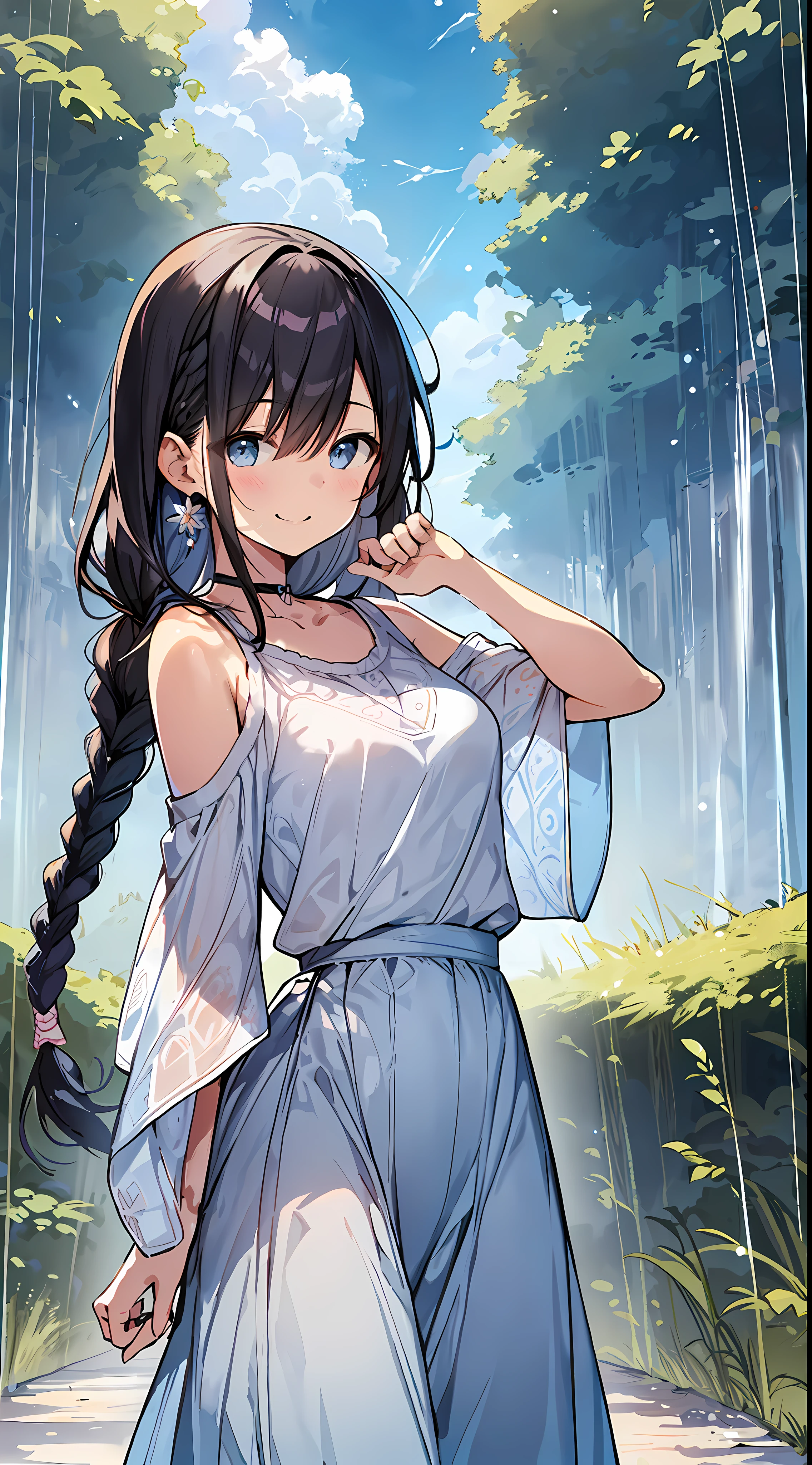 Top Quality, Masterpiece, Ultra High Definition, 8k, Summer Sky, Early Summer, (Light Blue Maxi Skirt, Light Knit, Sneakers), Shojo Manga Style , One, Soft Line Art, Digital Enhancement, Shoujo Manga Touch, Shojo Manga Core, Flowing Fabric, Close Up, (Shoulder Length and Short Braid)), Wet Hair, Staring at Us Head-on, Soft Drawing, Beautiful Black Hair, clear eyes, ((teasing smile)), ultra-detailed digital anime art, clear face depiction, ultra-detailed shoujo manga character art, ultra-detailed manga style, top quality colors, hand gestures, landscape with nature, looking up at the sky, angle that can be seen up to the feet