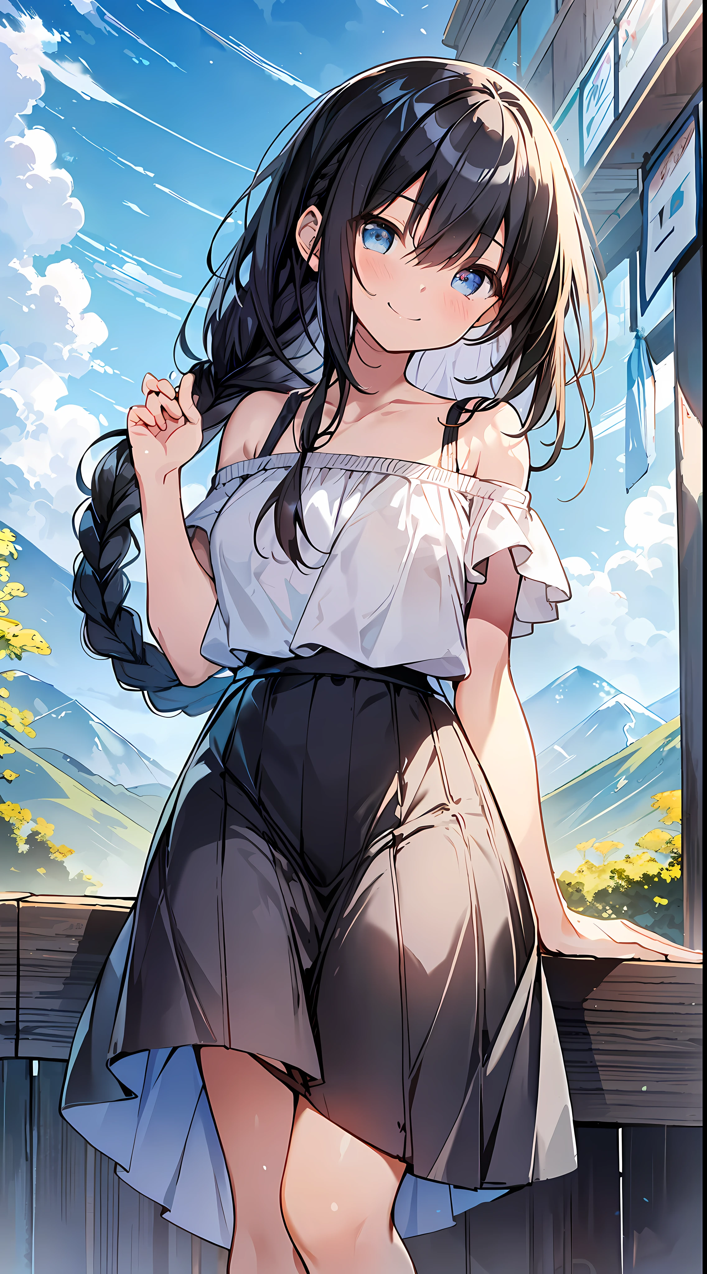 Top Quality, Masterpiece, Ultra High Definition, 8k, Summer Sky, Early Summer, (Light Blue Maxi Skirt, Light Knit, Sneakers), Shojo Manga Style , One, Soft Line Art, Digital Enhancement, Shoujo Manga Touch, Shojo Manga Core, Flowing Fabric, Close Up, (Shoulder Length and Short Braid)), Wet Hair, Staring at Us Head-on, Soft Drawing, Beautiful Black Hair, clear eyes, ((teasing smile)), ultra-detailed digital anime art, clear face depiction, ultra-detailed shoujo manga character art, ultra-detailed manga style, top quality colors, hand gestures, landscape with nature, looking up at the sky, angle that can be seen up to the feet
