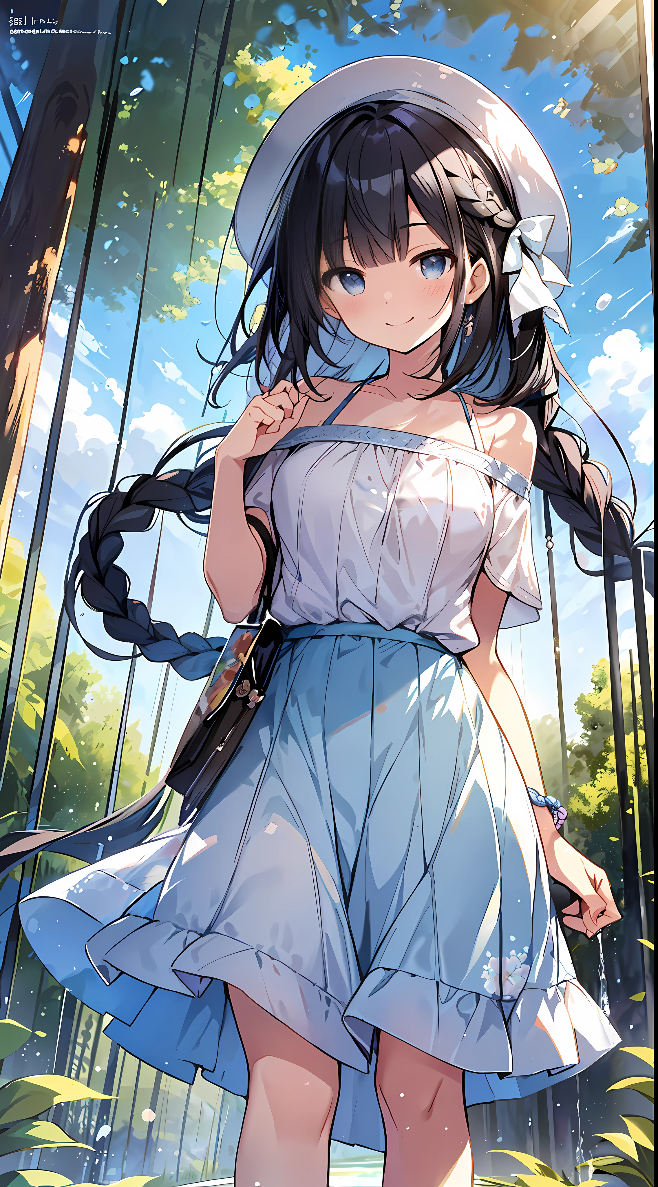 Top Quality, Masterpiece, Ultra High Definition, 8k, Summer Sky, Early Summer, (Light Blue Maxi Skirt, Light Knit, Sneakers), Shojo Manga Style Loli, One, Soft Line Art, Digital Enhancement, Shoujo Manga Touch, Shojo Manga Core, Flowing Fabric, Close Up, (Shoulder Length and Short Braid)), Wet Hair, Staring at Us Head-on, Soft Drawing, Beautiful Black Hair, clear eyes, ((teasing smile)), ultra-detailed digital anime art, clear face depiction, ultra-detailed shoujo manga character art, ultra-detailed manga style, top quality colors, hand gestures, landscape with nature, looking up at the sky, angle that can be seen up to the feet