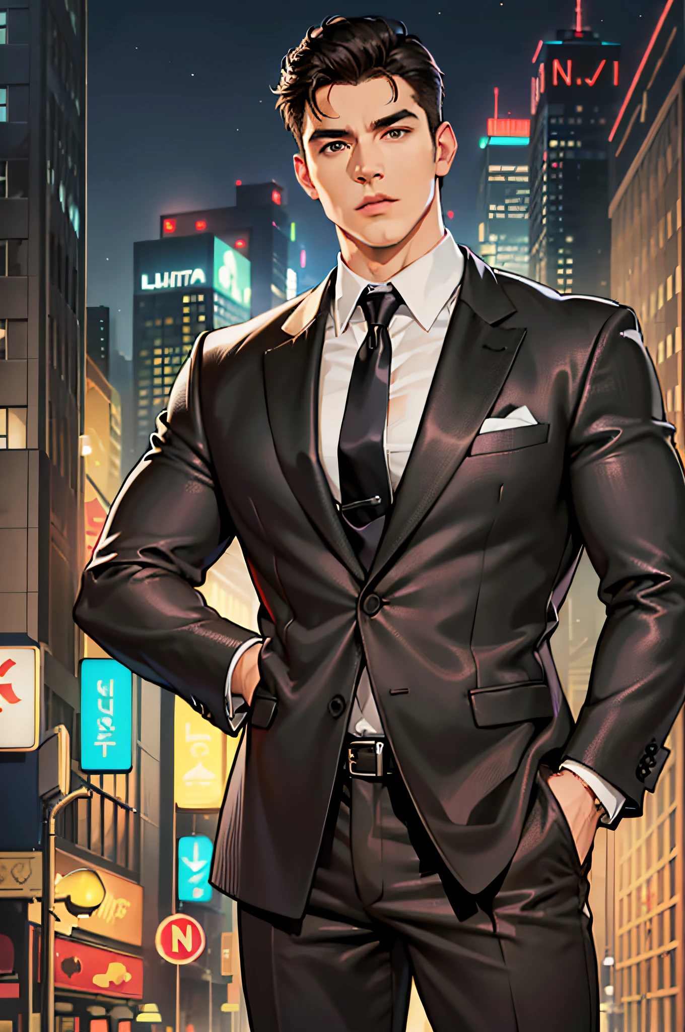 (absurdres, highres, ultra detailed, realistic, ), 1 male, solo, adult, mature, tall muscular guy, broad shoulders, handsome, very short hair, black hair, brown eyes, angular jaw, thick neck, thick eyebrows, night, dark, the night view of the city background, formal suit, necktie, upper body