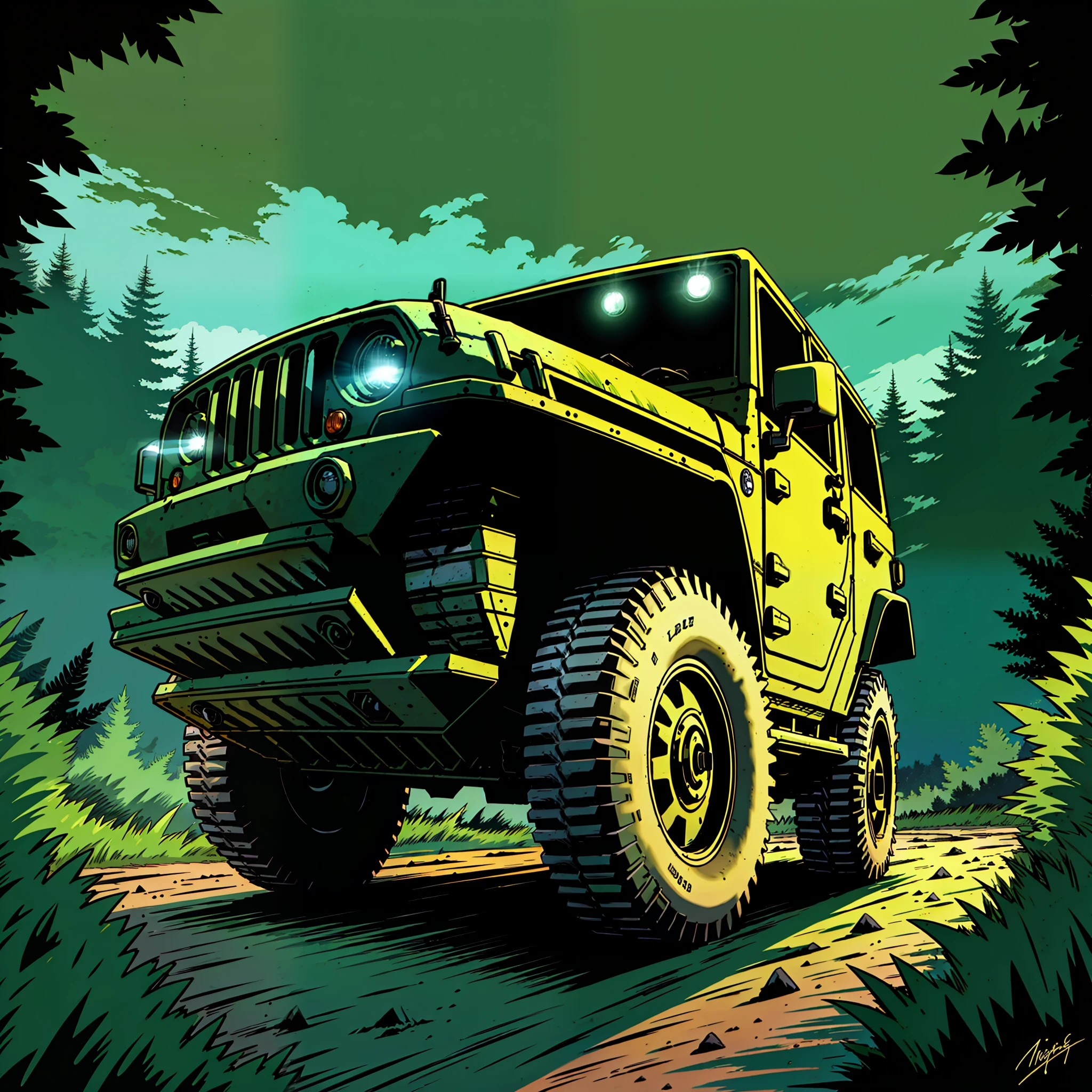 monter jeep, green colour, night time, hunting, fast, racing