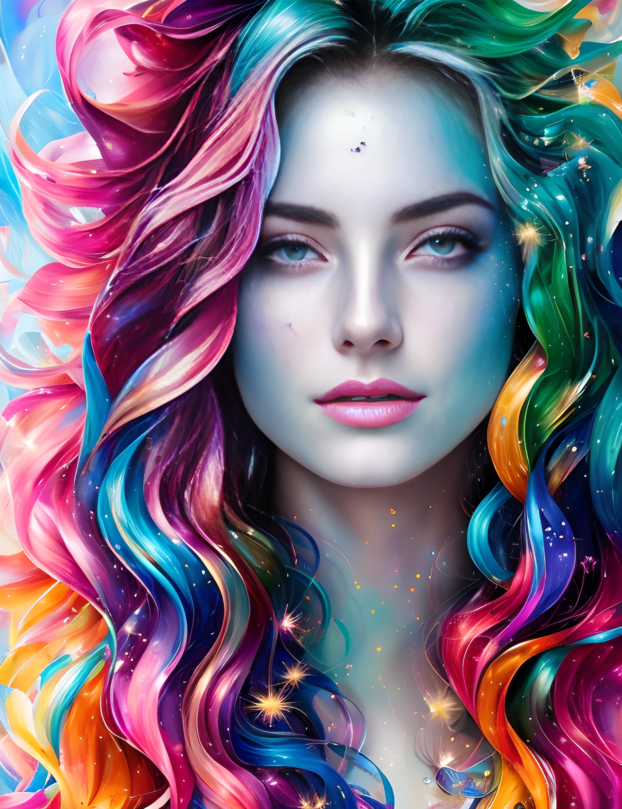 wild mystical lady with waving hair, metallic shine, detailed symmetric eyes, detailed gorgeous face,, anatomically correct, flawless, appearing from colorful liquid oil paint, emerging out of swirling paint best quality, rainbow colors, in style of Andrew Atroshenko, light and glittering and magic diamond shine, magical, ethereal, 8k uhd, dslr, soft lighting, high quality, film grain, Fujifilm XT3