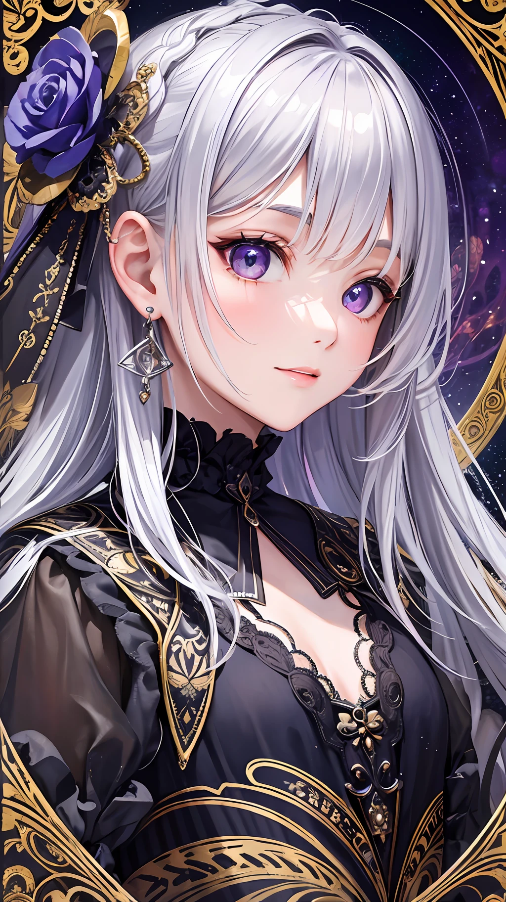 Masterpiece, High Resolution, Paisley Pattern Wallpaper, Intricately Drawn Paisley Pattern, 10,000 Colors, Colorful, Craftsmanship, 1 Girl, 9 Figures, Looking at the Viewer, Smiling, Silver Hair, Okabo, Diamond Sparkle, Colorful Decoration, Grains of Light Dancing, Detailed Gothic Style (Maximalism: 1.5), Diffused Lighting, (Depth of Field: 1.8), Gothic ta, diffuse reflection of light,
