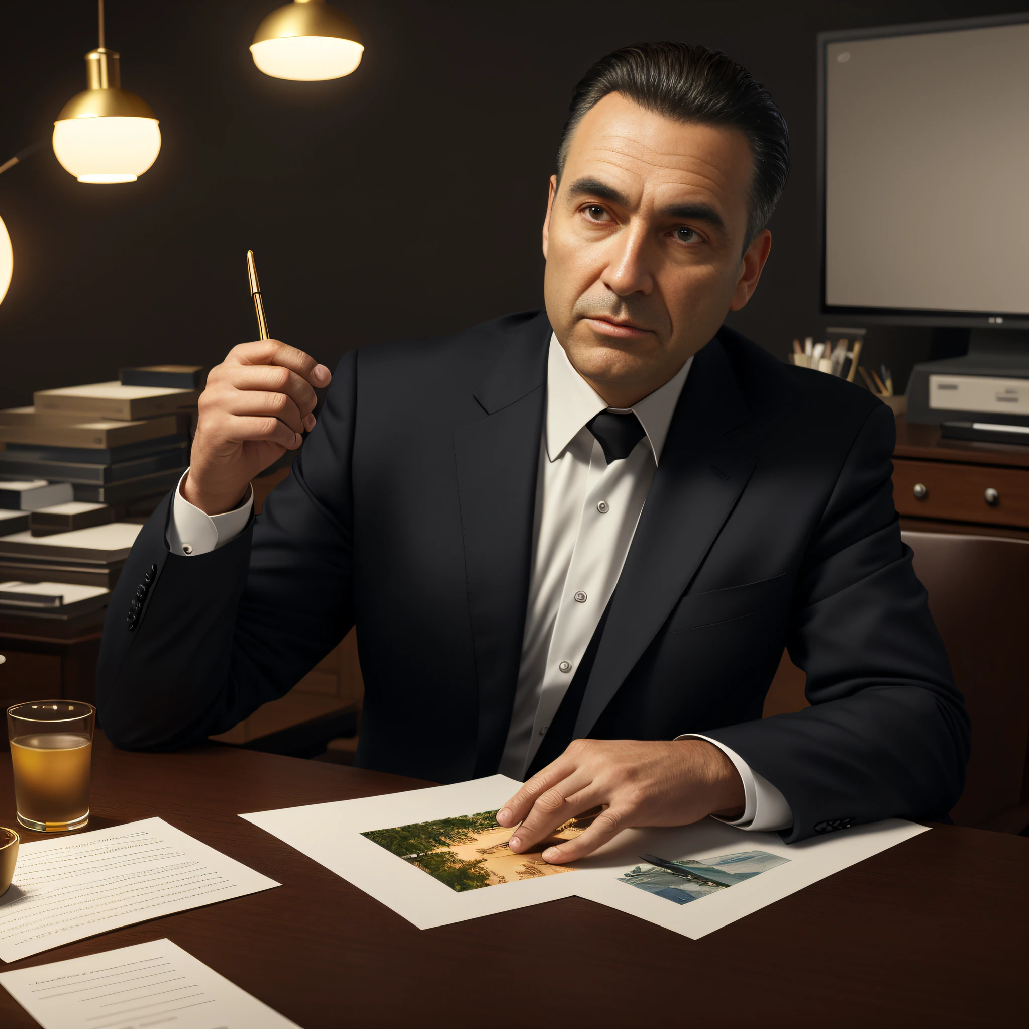 beautiful matte portrait oil painting, mob boss on his 50-year-old office desk in New York, wonderful highly detailed masterpiece, beautiful cinematic light deep focus, elegant, digital painting, smooth, sharp focus, golden ratio, dramatic lighting, ultra realistic, 8k, movie art, open scene, sitting with the side camera picking up the whole table. FULL HD, ISO, V.5, V5, V2, V.2