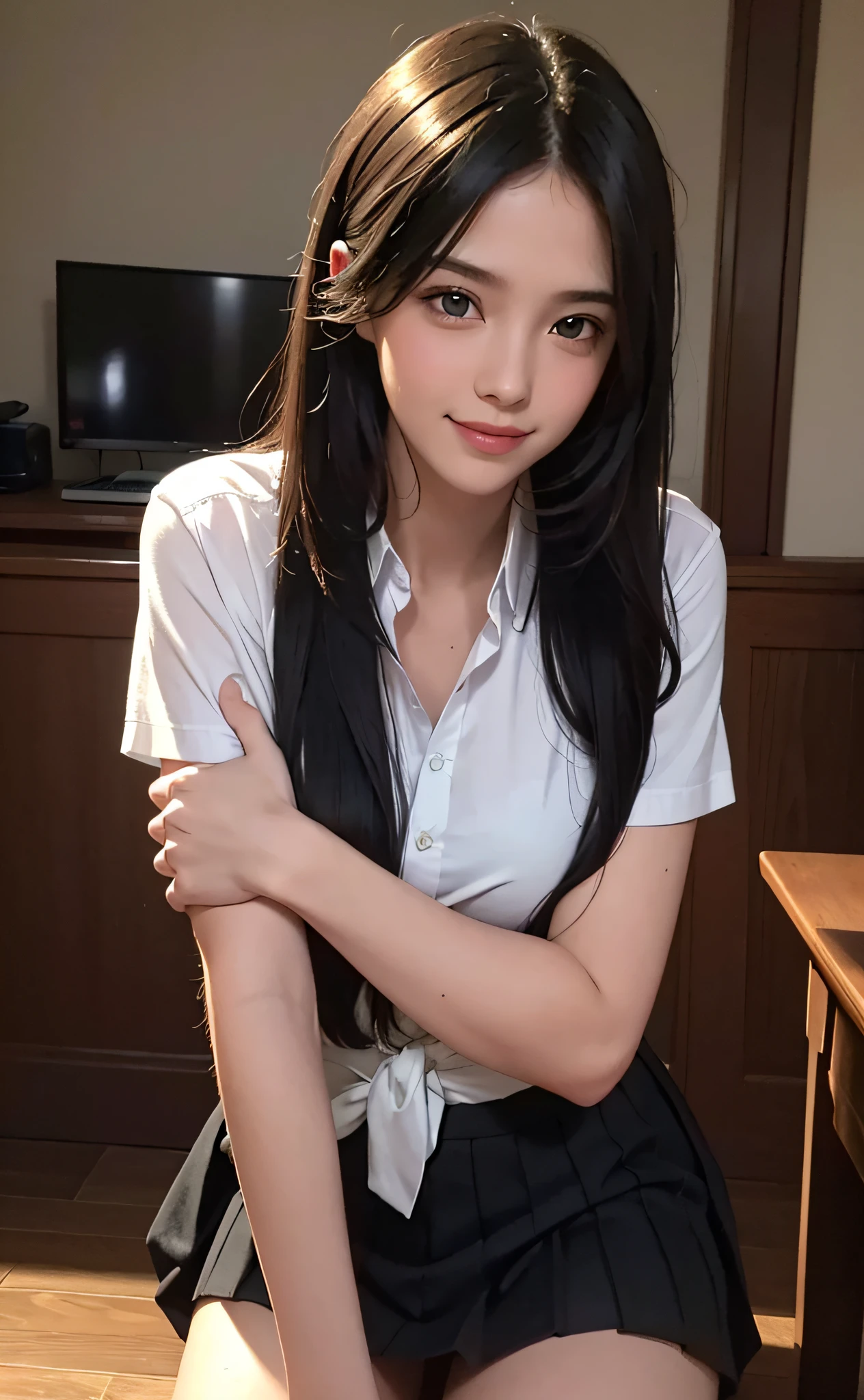 (Best Quality, 8K, Masterpiece: 1.3), (Ultra Real), (Illustration), (High Resolution), (8K), (Very Detailed), (Best Illustration), (Beautiful Detail Eyes), (Best Quality), (Ultra Detailed), (Masterpiece), (Wallpaper), (Detailed Face), Smile, Pure Sweet, (Long Black Hair), Highly Detailed Face and Skin, Classroom, 1 Girl, School Uniform, Pleated Short Skirt, Saturated Light, Edge Lighting, Backlight, Movie, Full Body Photo