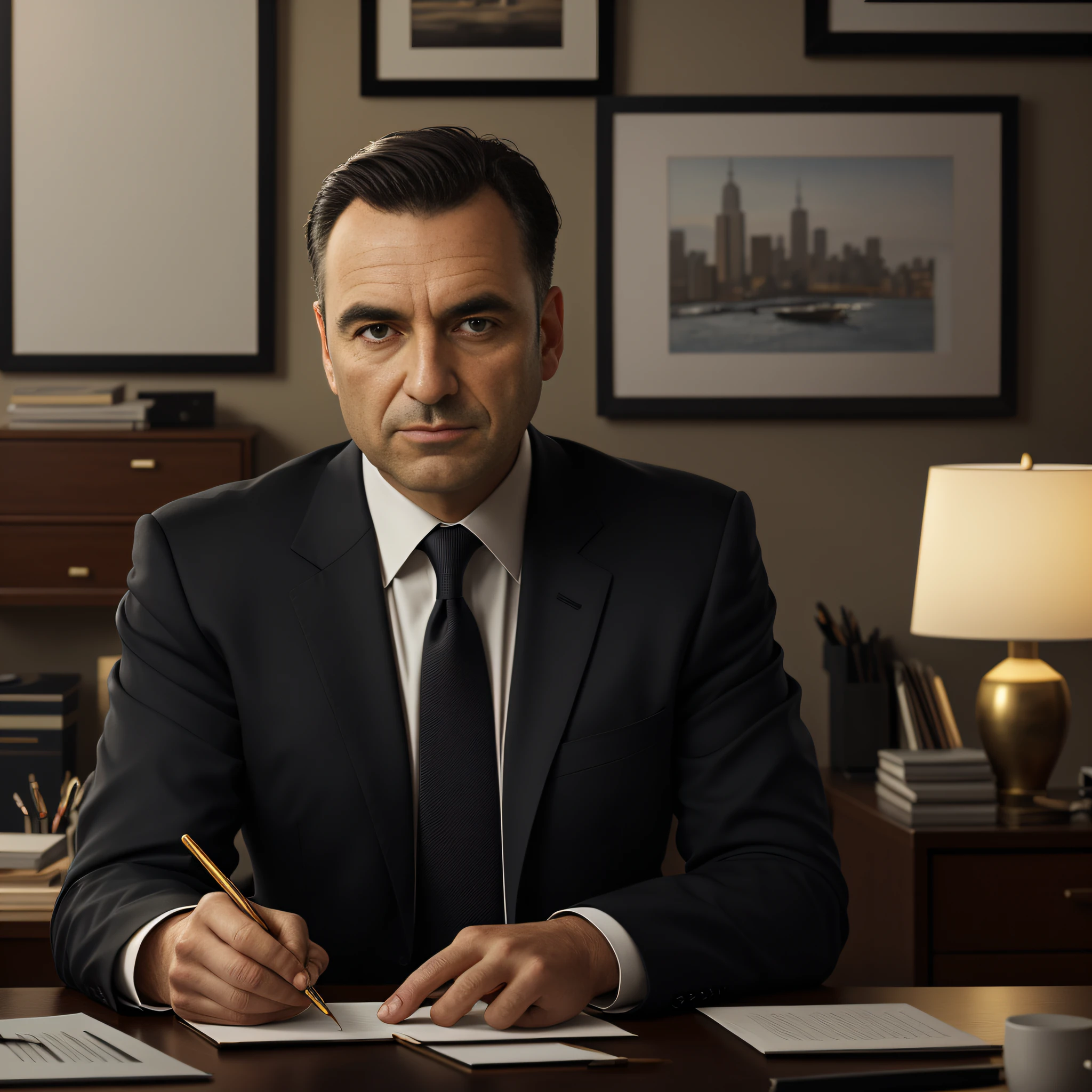 beautiful matte portrait oil painting, mob boss on his 50-year-old office desk in New York, wonderful highly detailed masterpiece, beautiful cinematic light deep focus, elegant, digital painting, smooth, sharp focus, golden ratio, dramatic lighting, ultra realistic, 8k, movie art, open scene, sitting with the side camera picking up the whole table. FULL HD, ISO, V.5, V5, V2, V.2