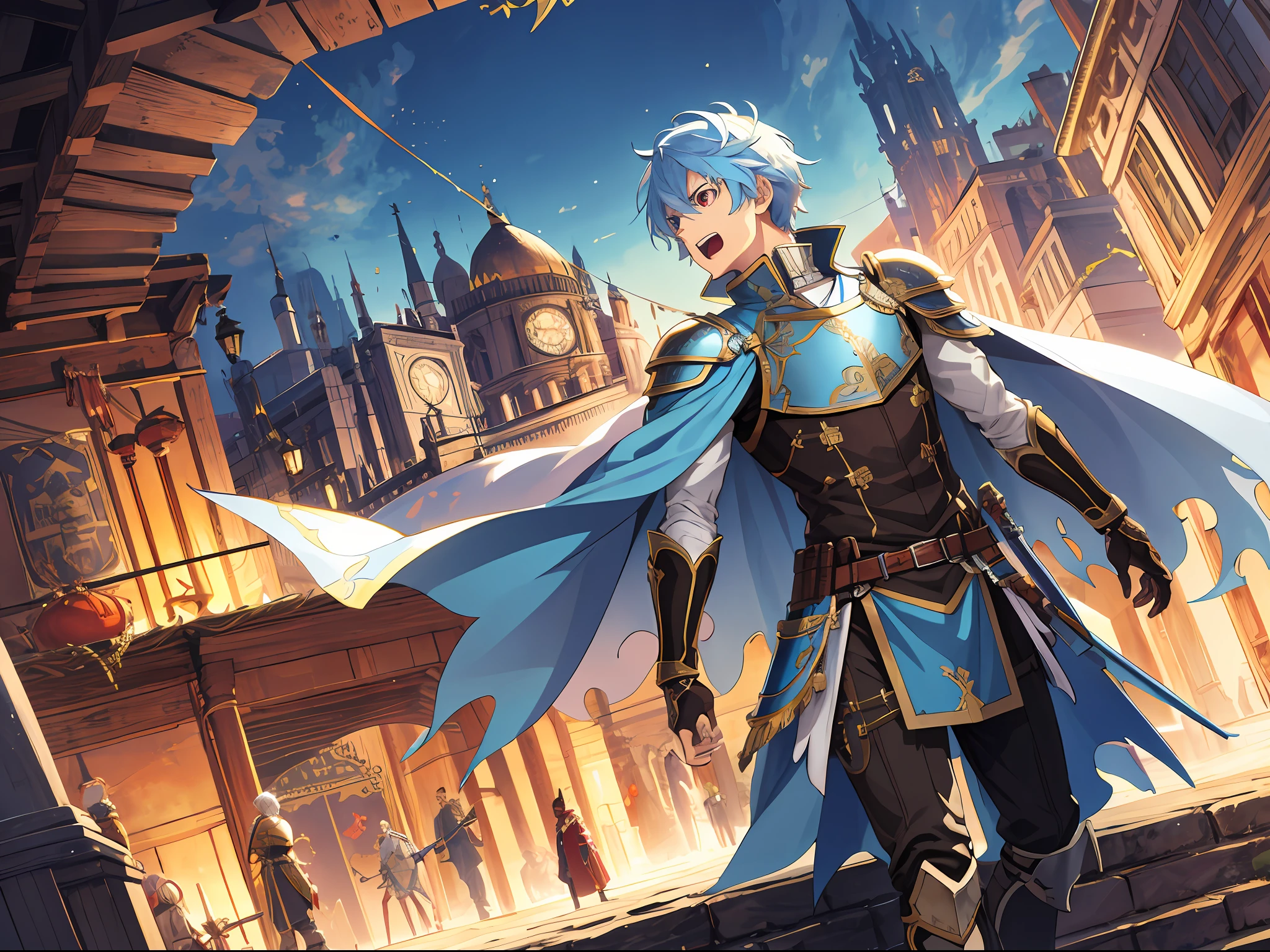 (ridiculous, high resolution, super detailed), (panorama), (1 male), adult, tall, wearing light blue armor, gold decoration, red eyes, evil charm, short white hair, western-style town, square, crowd, (surprised), open mouth, ccurate, anime, side view,