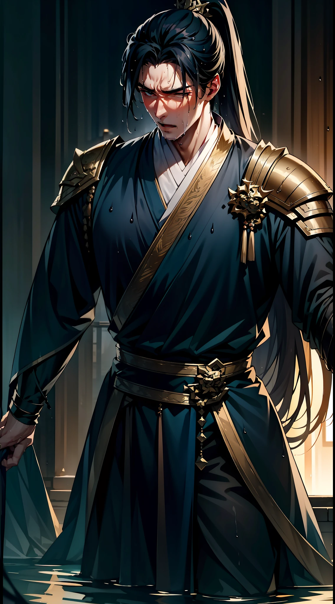 Two-dimensional, anime style, man (male warrior), muscle, correct proportions, face details, martial arts, high ponytail hairstyle, sweating, sweaty face, drooling, neck details, with Adam's apple, wet, wet, Hanfu costume, long robe, embroidered robe, dragon robe, clothing details, collar, long sleeves, game quality, swordsman demeanor, light and shadow tracing, ray tracing, detail glow, CG rendering, hair details, long black hair, golden eyes, sweaty face, handsome, handsome, sweat beads slipping down the neck, (juvenile feeling), complex clothing, wet, wet, perfect composition, refinement, high quality, more details, a lot of details, complex background, atmosphere,
