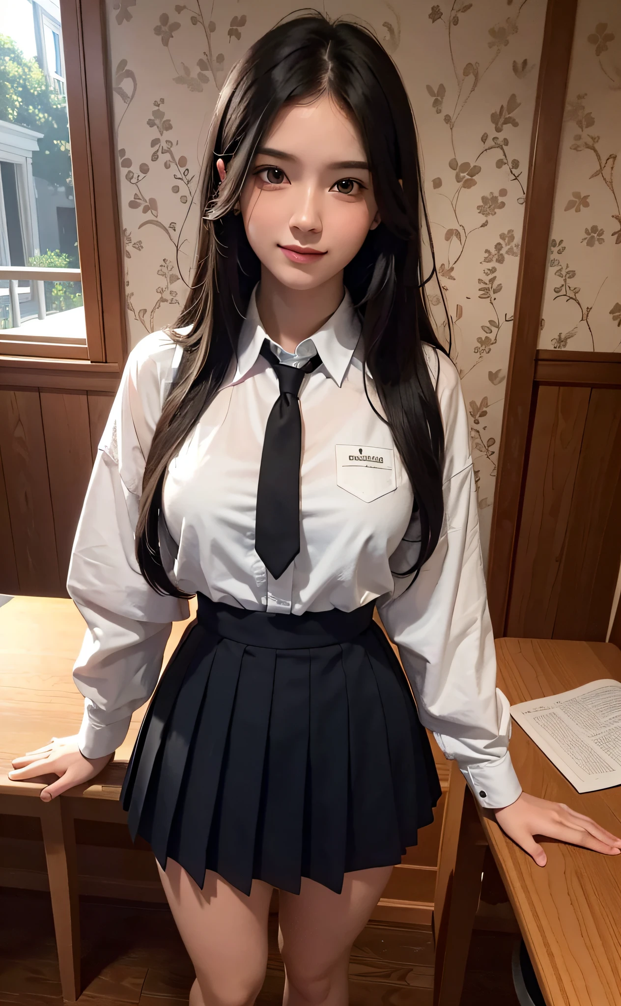 (Best Quality, 8K, Masterpiece: 1.3), (Ultra Real), (Illustration), (High Resolution), (8K), (Very Detailed), (Best Illustration), (Beautiful Detail Eyes), (Best Quality), (Ultra Detailed), (Masterpiece), (Wallpaper), (Detailed Face), Smile, Pure Sweet, (Long Black Hair), Highly Detailed Face and Skin, School, 1 Girl, School Uniform, Pleated Short Skirt, Saturated Light, Edge Lighting, Backlight, Movie, Full Body Photo