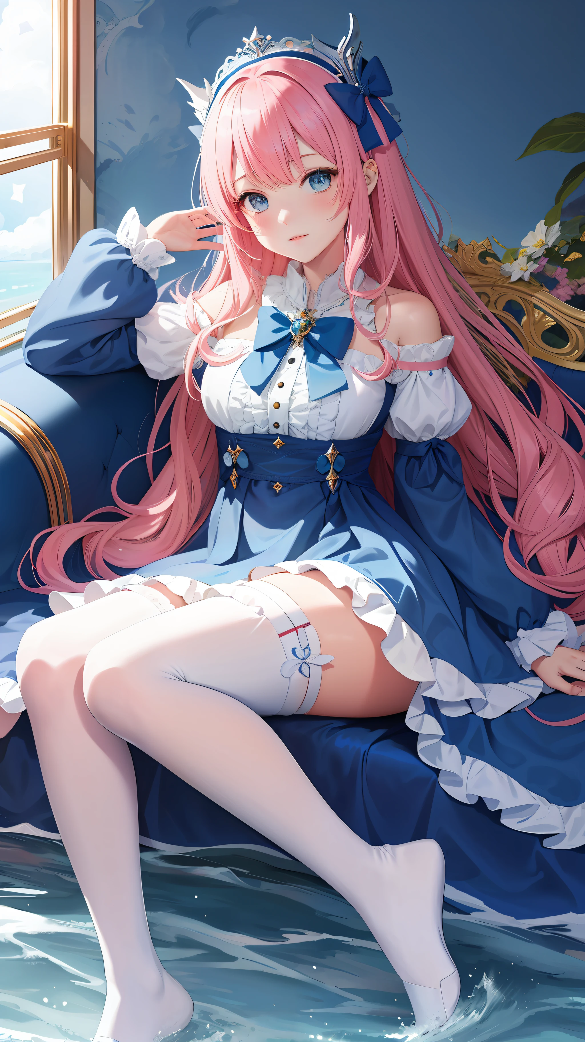 Anime girl in blue dress sitting on a boat with stars on her head, goddess of the sea, goddess of the anime, goddess of the sea, (((beautiful fantasy queen)), blue ocean, cute anime waifu in beautiful clothes, white socks, long socks, stockings, pink shoes, lolita shoes, pattern, bow, wallpaper anime blue water, popular on ArtStation pixiv, beautiful girl, beautiful fantasy queen, beautiful fantasy anime, beautiful anime woman