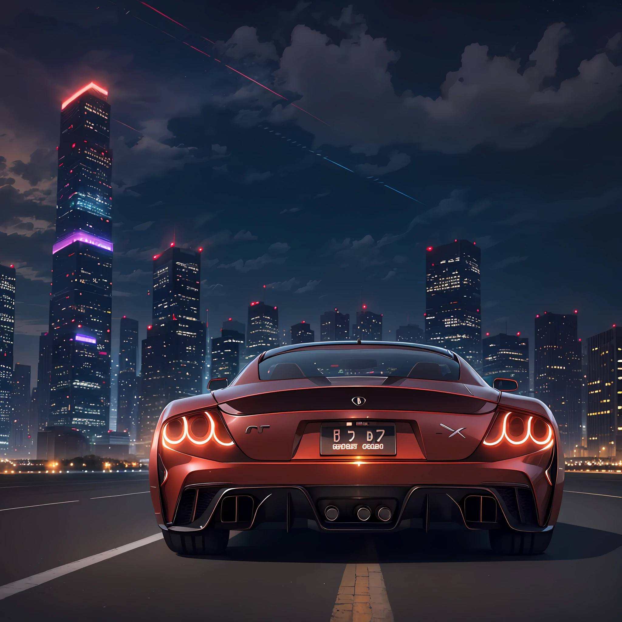 (32 Skylines) (Vector illustration) Imagine the main scene, BREAK,
The car is placed in the center of the frame, emphasizing its sleek lines and aerodynamic design, BREAK,
Behind it, the city skyline at dusk, silhouetted buildings in the sky in orange, pink and deep blue gradients, BREAK,
The headlights of the car turn on, emit a warm glow on the asphalt below, reflect off the glossy surface, BREAK,
The perspective is from a low angle, which makes the car look even more dominant and powerful in the scene, BREAK,
The overall mood is anticipation and excitement, a sense of speed and freedom associated with the open road, and a city waiting to be explored. --auto --s2