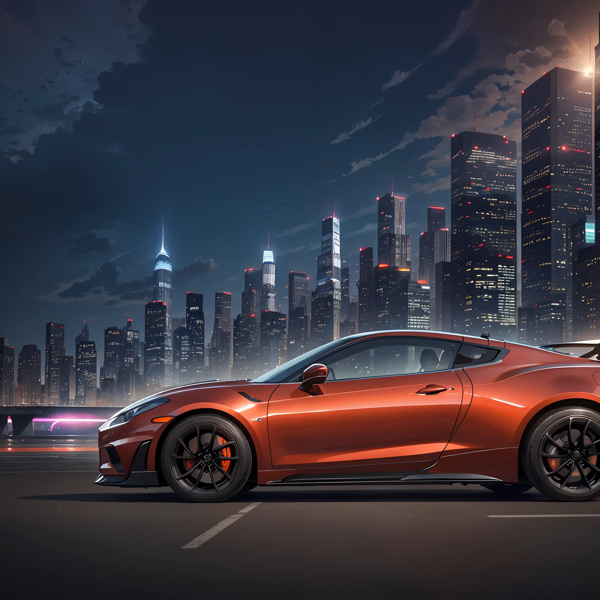 (32 Skylines) (Vector illustration) Imagine the main scene, BREAK,
The car is placed in the center of the frame, emphasizing its sleek lines and aerodynamic design, BREAK,
Behind it, the city skyline at dusk, silhouetted buildings in the sky in orange, pink and deep blue gradients, BREAK,
The headlights of the car turn on, emit a warm glow on the asphalt below, reflect off the glossy surface, BREAK,
The perspective is from a low angle, which makes the car look even more dominant and powerful in the scene, BREAK,
The overall mood is anticipation and excitement, a sense of speed and freedom associated with the open road, and a city waiting to be explored. --auto --s2