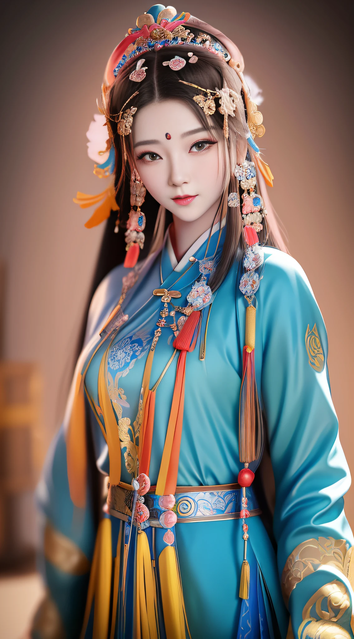a close up of a woman in a blue dress with a colorful headdress, palace , a girl in hanfu, a young woman as genghis khan, chinese girl, with acient chinese clothes, wearing ancient chinese clothes, beautiful oriental woman, a beautiful fantasy empress, ancient chinese princess, beautiful render of tang dynasty, chinese woman, chinese costume, traditional beauty