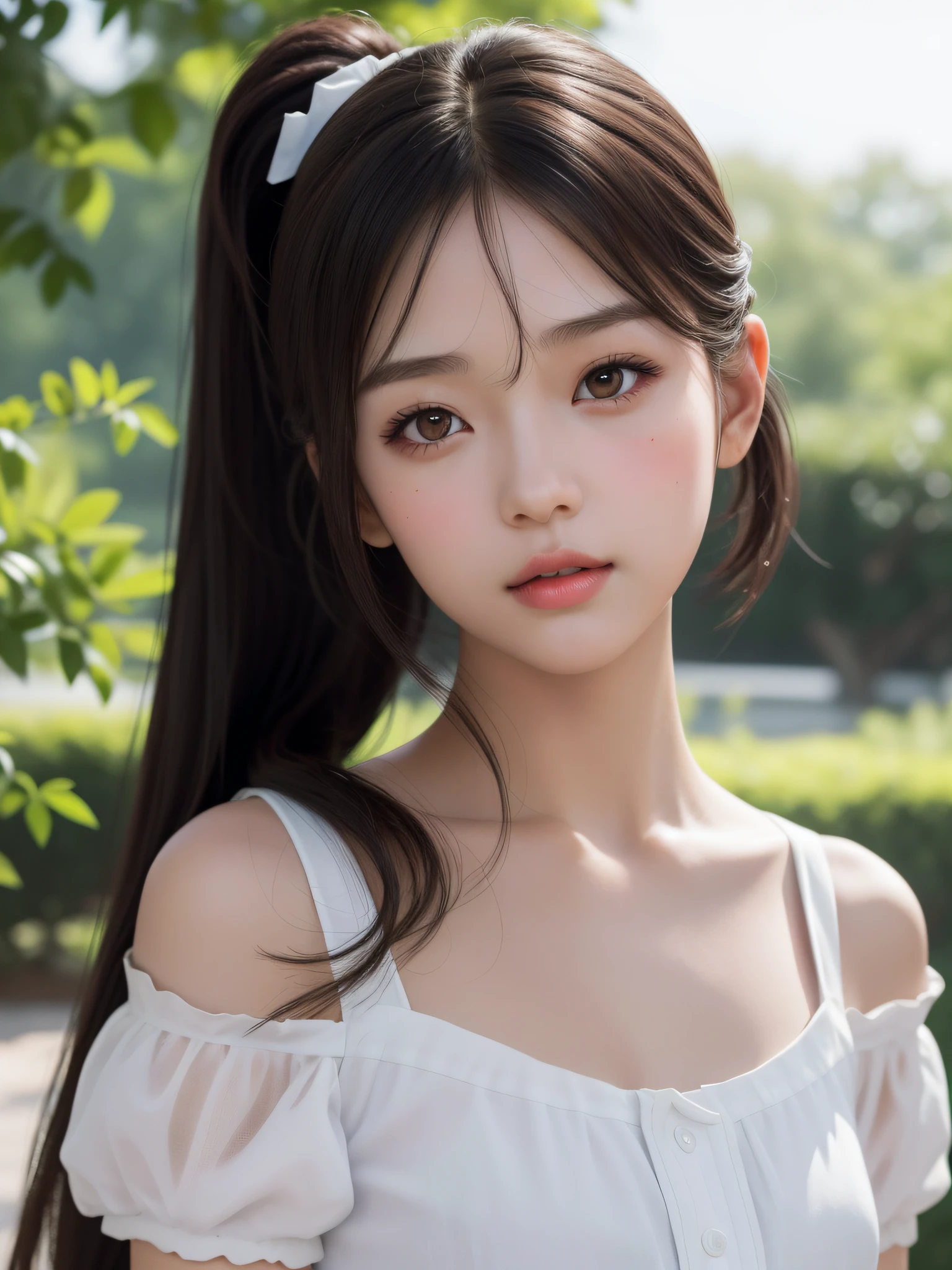 Arafe asian woman with very long hair and cute dress, soft portrait shot 8k, photorealistic anime, cute fine face of a girl, beautiful anime portrait, beautiful portrait image, Ilya Kuvshinov. 4K, smooth anime CG art, anime. Soft lighting, realistic portrait cute, cute natural anime face, Sakimi-chan, upper body, knee shot, amazing dress, (Jacksonville: 1.5), close-up, masterpiece, best quality, raw photo, photorealistic, face, incredibly ridiculous, beautiful girl, cute, short hair, depth of field, high resolution, ultra detail, fine detail, Very detailed, very detailed eyes and face, sharp pupils, realistic pupils, sharp focus, cinematic lighting, one girl, highest quality, lifelike, photorealistic, very elaborate, very delicate and beautiful whole body, 【cute, ribbon, school setting: 1.3], brown hair, brown eyes, small head, beautiful eyes, small breasts, bare face, realistic skin, fine eyes, fine face, fine face, detailed clothing features ( School uniform: 1.3), (shoulder-length ponytail: 1.3) Dynamic poses, stare at the viewer, detailed face and chest