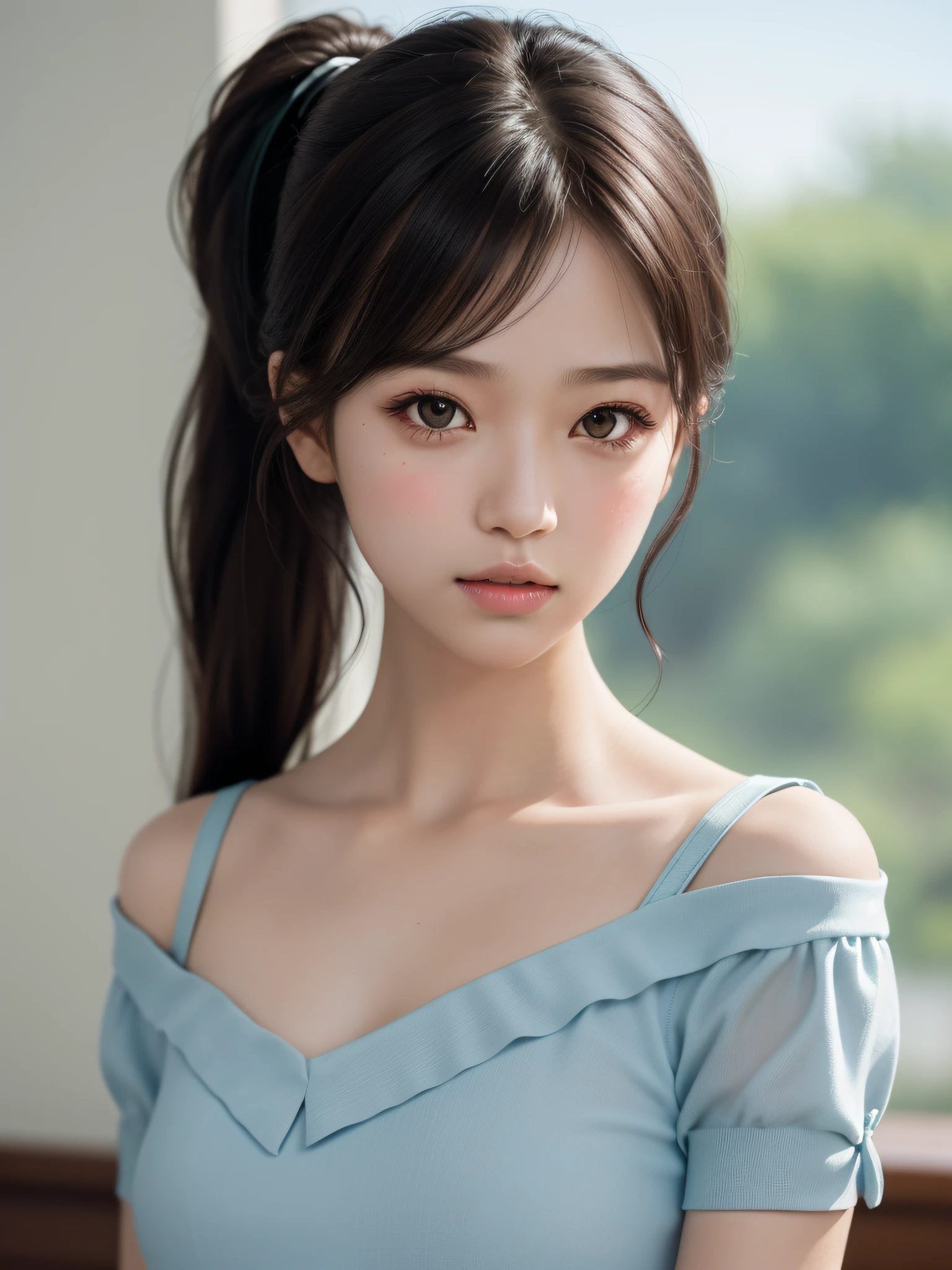 Arafe asian woman with very long hair and cute dress, soft portrait shot 8k, photorealistic anime, cute fine face of a girl, beautiful anime portrait, beautiful portrait image, Ilya Kuvshinov. 4K, smooth anime CG art, anime. Soft lighting, realistic portrait cute, cute natural anime face, Sakimi-chan, upper body, knee shot, amazing dress, (Jacksonville: 1.5), close-up, masterpiece, best quality, raw photo, photorealistic, face, incredibly ridiculous, beautiful girl, cute, short hair, depth of field, high resolution, ultra detail, fine detail, Very detailed, very detailed eyes and face, sharp pupils, realistic pupils, sharp focus, cinematic lighting, one girl, highest quality, lifelike, photorealistic, very elaborate, very delicate and beautiful whole body, 【cute, ribbon, school setting: 1.3], brown hair, brown eyes, small head, beautiful eyes, small breasts, bare face, realistic skin, fine eyes, fine face, fine face, detailed clothing features ( School uniform: 1.3), (shoulder-length ponytail: 1.3) Dynamic poses, stare at the viewer, detailed face and chest