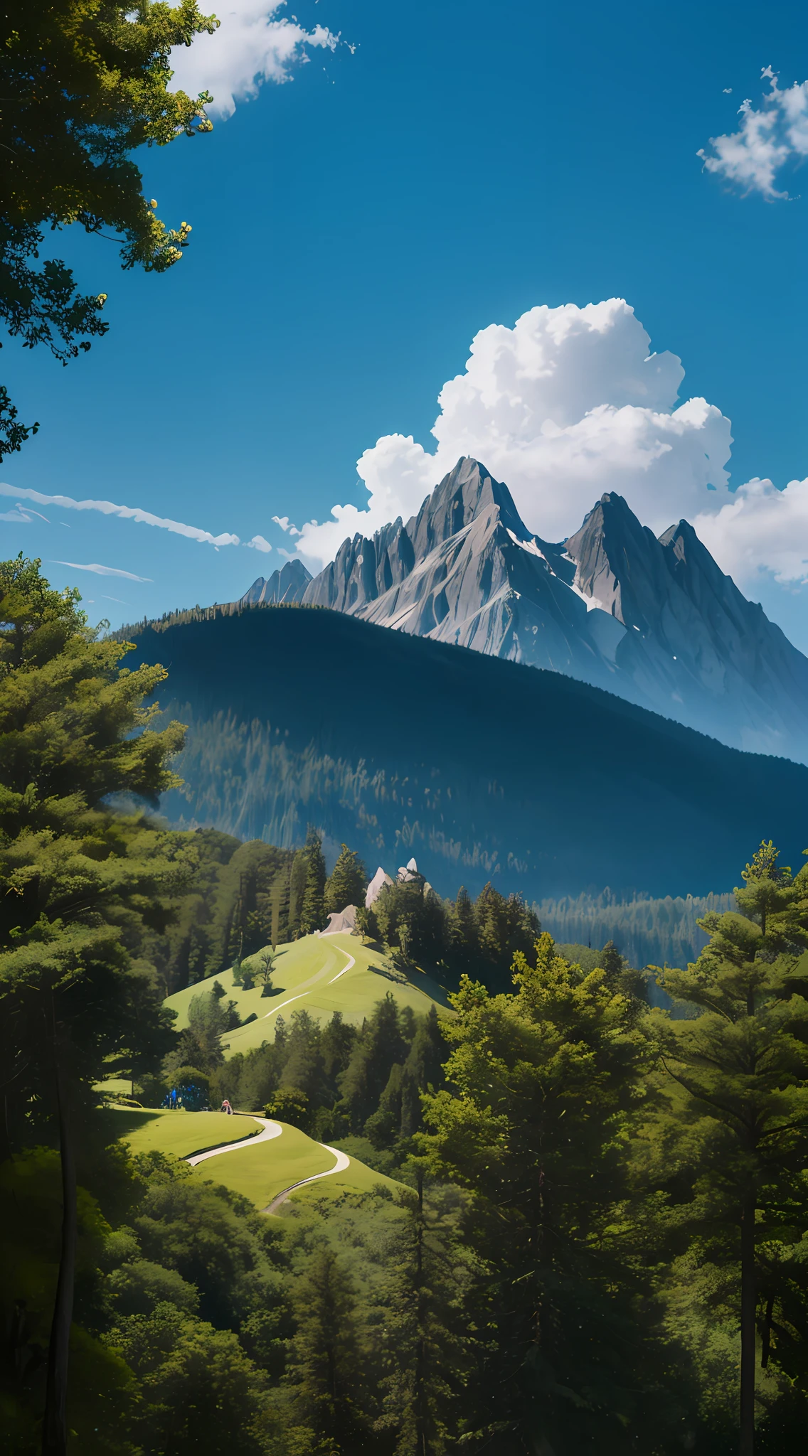 Mountain climber, big clouds, blue sky, forest, hillside, secluded, rural, HD detail, hyper-detail, cinematic, surrealism, soft light, deep field focus bokeh, rainbow in the sky, sun through clouds, ray tracing and surrealism. --v6