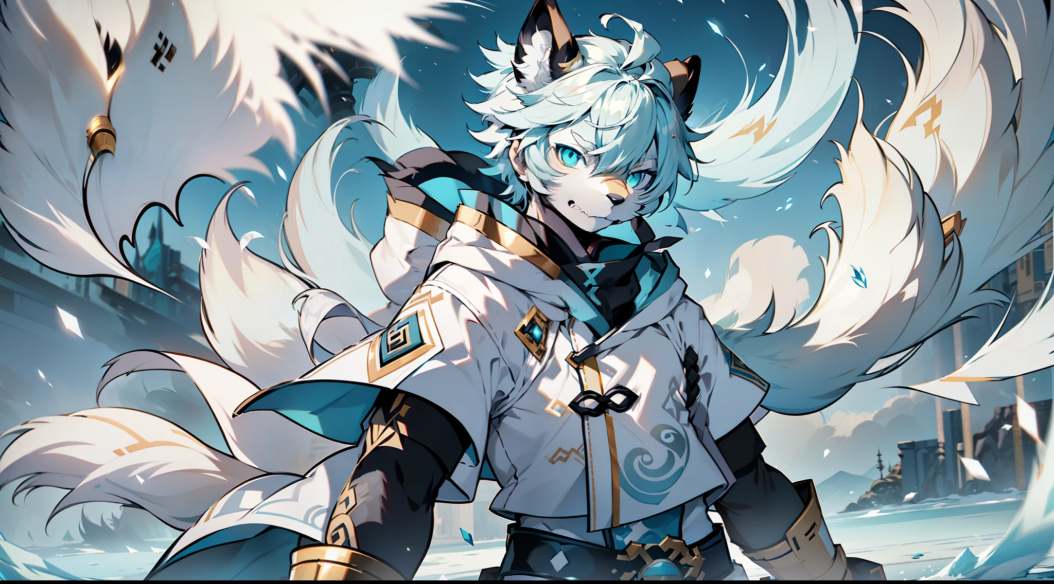 Masterpiece, best quality, highly detailed, Samoyedskaya, human, furry, canine, (furry), (clear cyan eyes), white hair, white dog tail, (((black sleeves))), white short sleeves with hood, white cropped pants, swirling wind, control ice, outdoors, (((ice)), floating particles, ethereal power, whirlwind video game Genshin Impact, Genshin Impact style,