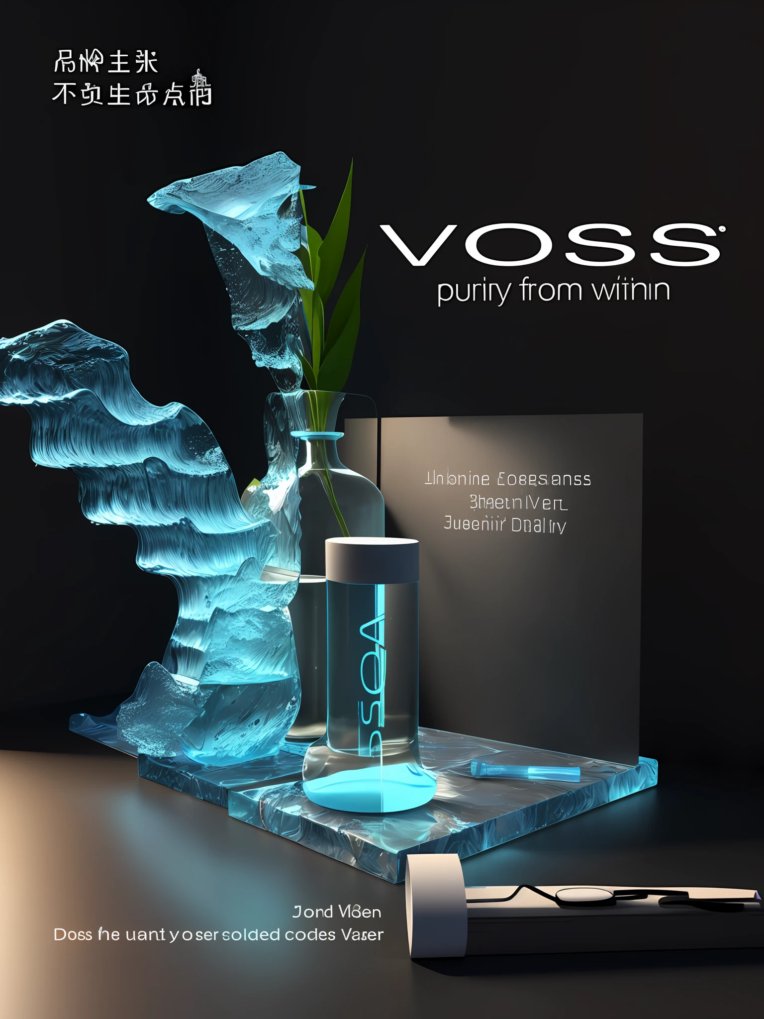 there is a bottle of water sitting on a table next to a vase, inspired by Johannes Voss, johannen voss, moss, vass roland, vials, vase, boss, product advertisement, viscous, ross, 3 ds max + vray, hugo boss prize, viscous volumetric smoke, by Alexander Sharpe Ross, 3 d product render