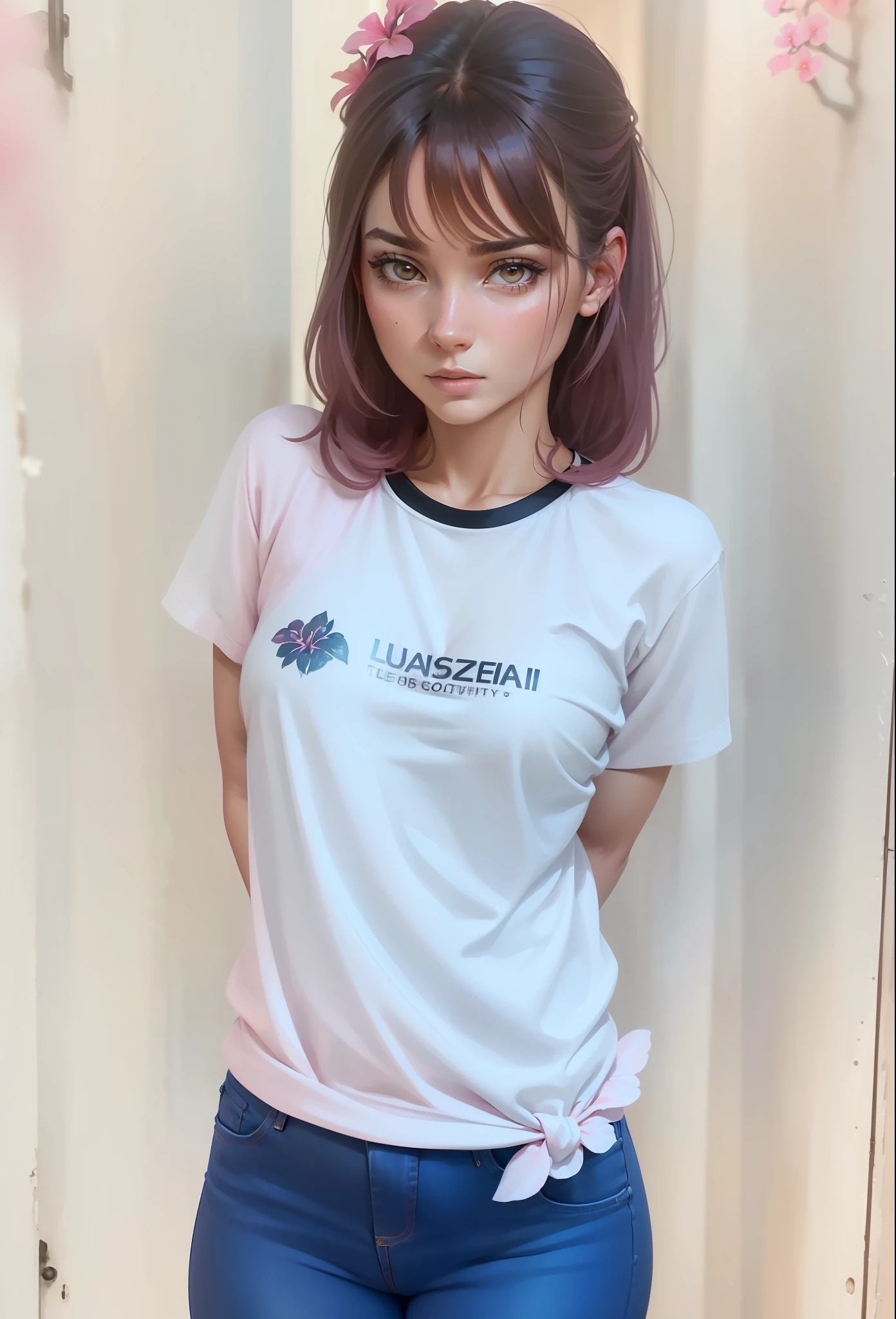 (highly detailed body, highly detailed face, best quality:1.2) ,A Woman, look at viewer, (Pink bra, Jeans), (Pink bougainvillea mess in background:1.4)