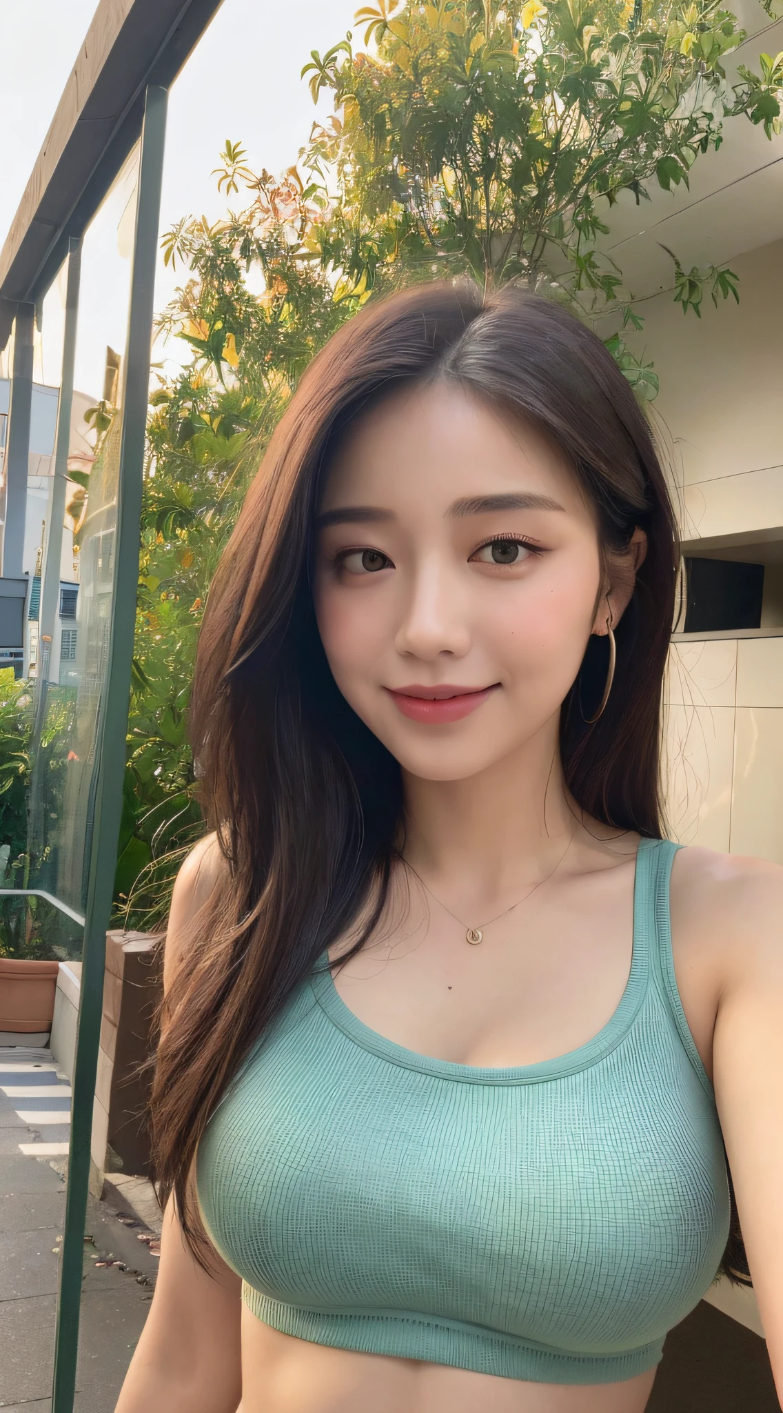 ((Best quality, 8k, Masterpiece :1.3)), 1girl, beautiful woman with emphasis on plump abs: 1.3, full body, (long hair, big breasts: 1.2), oversized tank top: 1.2, ultra-delicate face, delicate eyes, double eyelids, smile, home, random color clothes