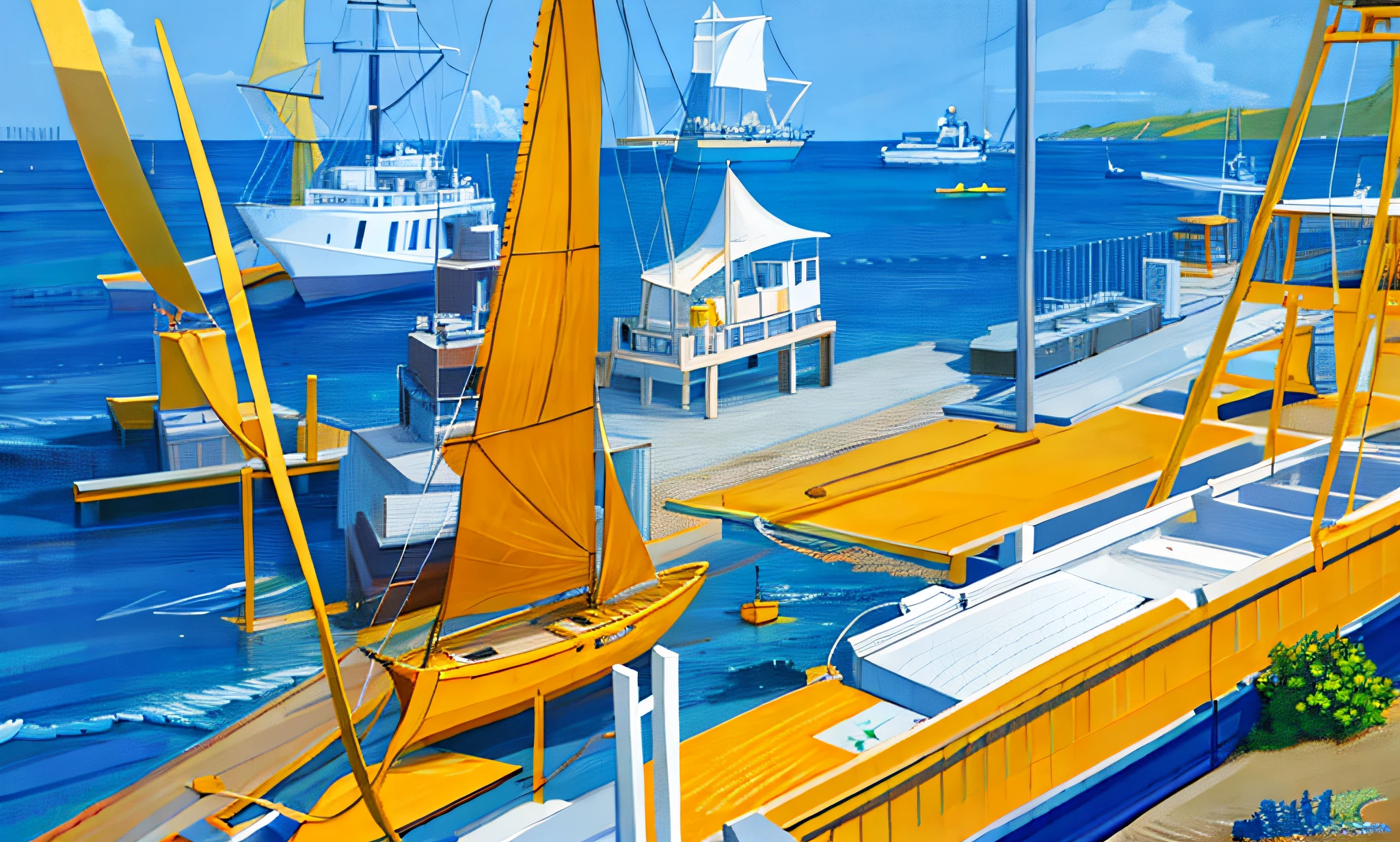 there is a drawing of a yellow tower in the water, sail boat on the background, drawn in microsoft paint, yellow and blue and cyan, inspired by George Wyllie, some yellow green and blue, sketch of an ocean in ms paint, background yellow and blue, painting in luminist style, crude crayon scribbles, inspired by George Baselitz