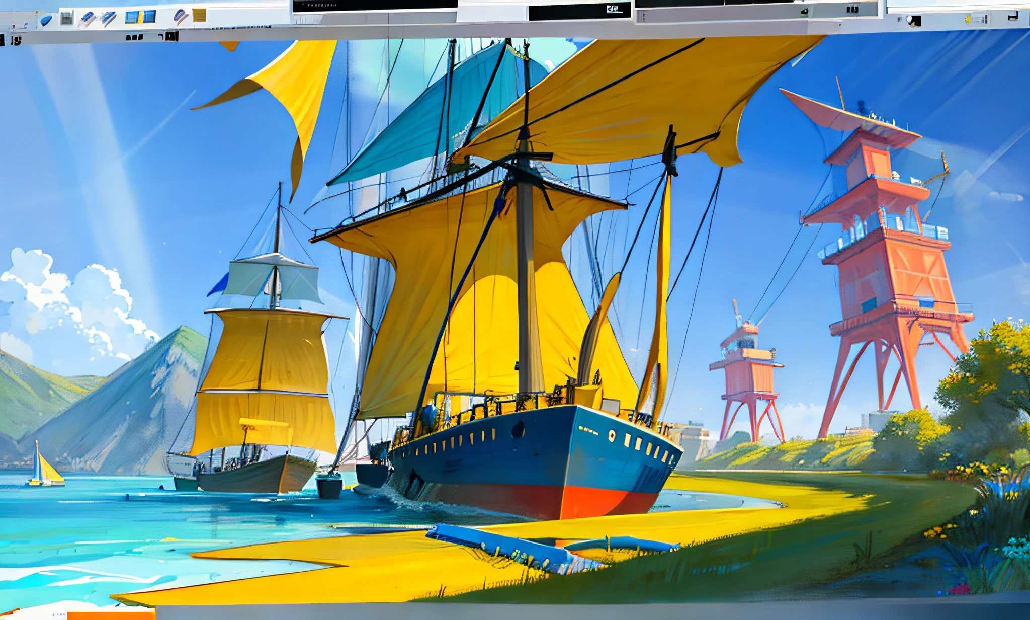 there is a drawing of a yellow tower in the water, sail boat on the background, drawn in microsoft paint, yellow and blue and cyan, inspired by George Wyllie, some yellow green and blue, sketch of an ocean in ms paint, background yellow and blue, painting in luminist style, crude crayon scribbles, inspired by George Baselitz