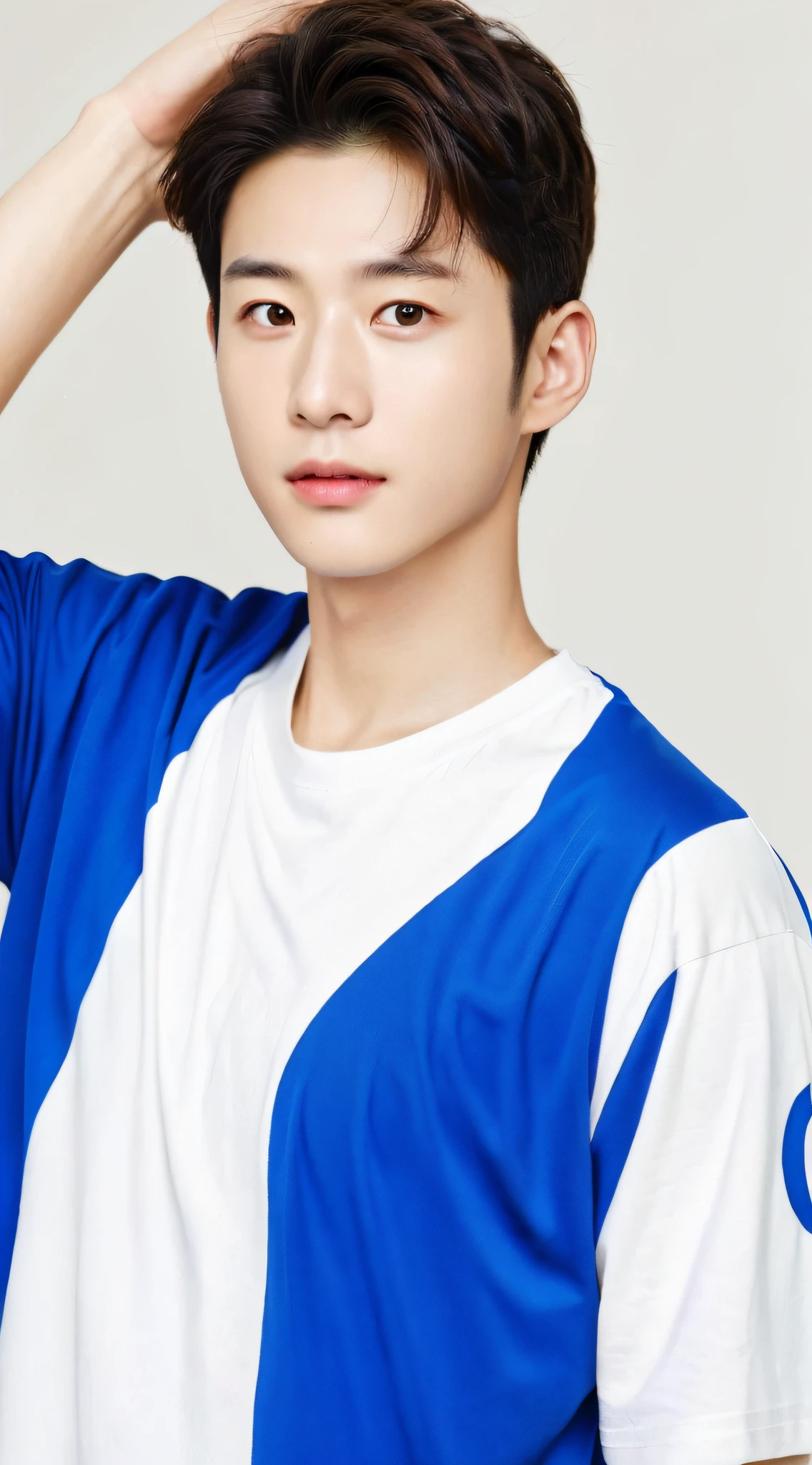 Oppav3, (masterpiece, super high quality, high resolution, 8K, complex: 1.2), (detailed face: 1.2), (wearing t-shirt: 1.5), handsome, detailed skin, pores, absurd, clumsy, 1boy, male focus, (realistic)), good lighting quality, muscle veins, (((pale skin)), curved, balanced eyes, brown eyes,