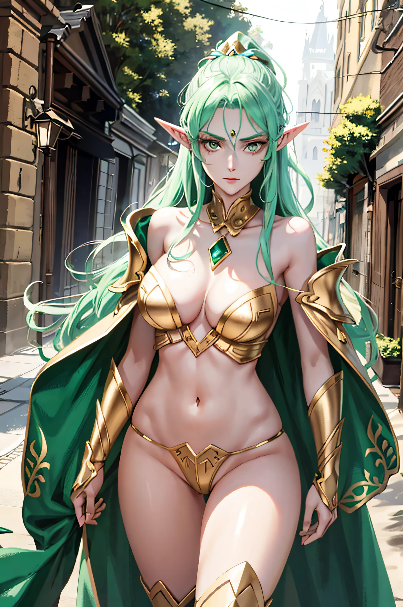 A tall and beautiful elf woman, with green pupils, contempt in her eyes, a cold expression, a haughty posture, chest up, golden light armor all over her body, exposed chest, exposed shoulders, exposed navel, exposed thighs, looking up camera, strolling through medieval streets.
