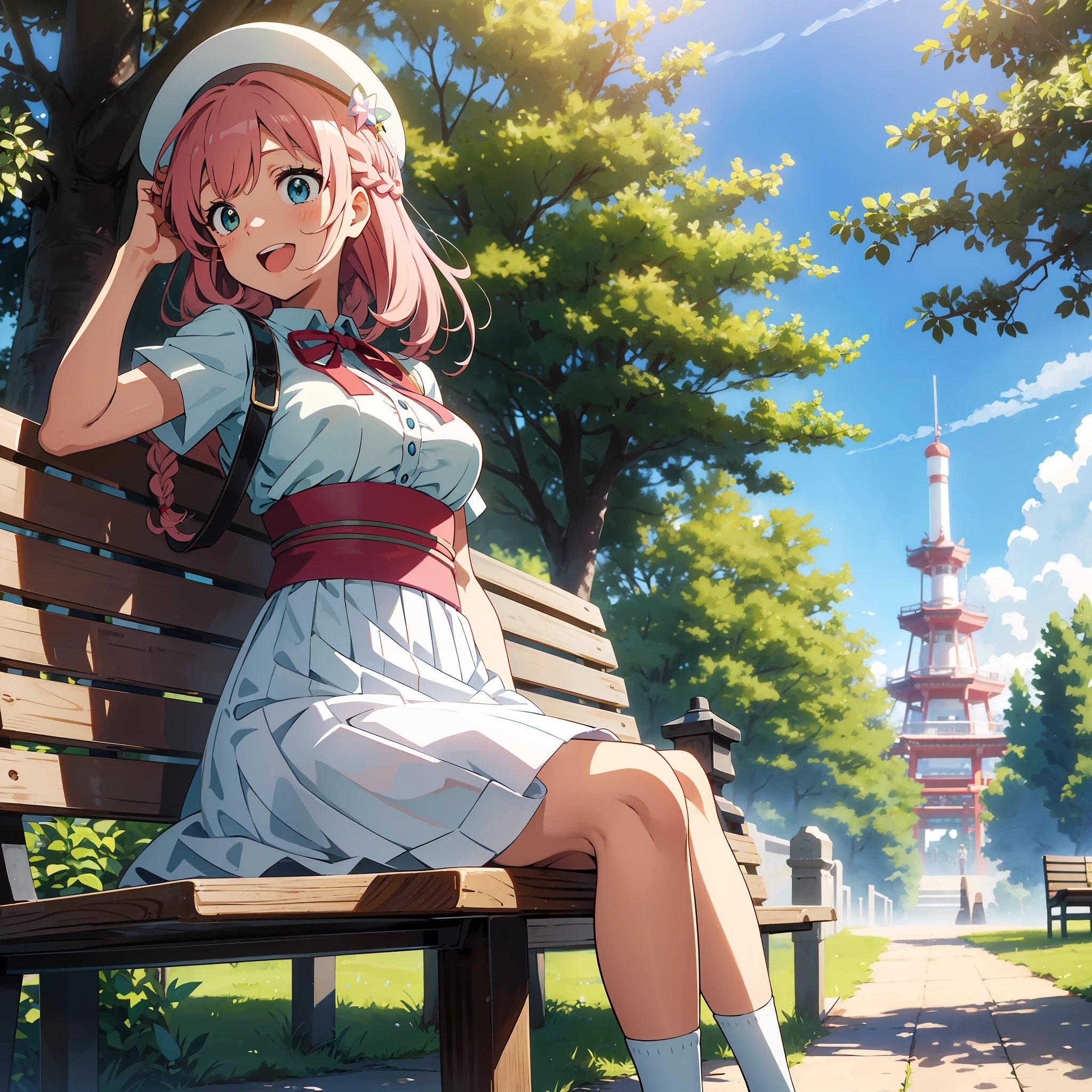 Anime illustrations in the style of "Kyoto Animation", highest quality, (cute: 1.1), (cute), (high resolution: 1.2), incredibly ridiculous: 1.3, incredibly fine illustrations, break 1 beautiful girl, Solo, (heterochromia, light blue eyes and light green eyes), silhouette of star eyes, solo, standing figure, happy, :d, princess eyes, big breasts, break, braid, light pink hair, semi-long hair, red ribbon at the end of braid, sitting on a bench, Angle from below, looking at iPhone, park, distressed, break, white blouse, black chinos, white hat, hands raised