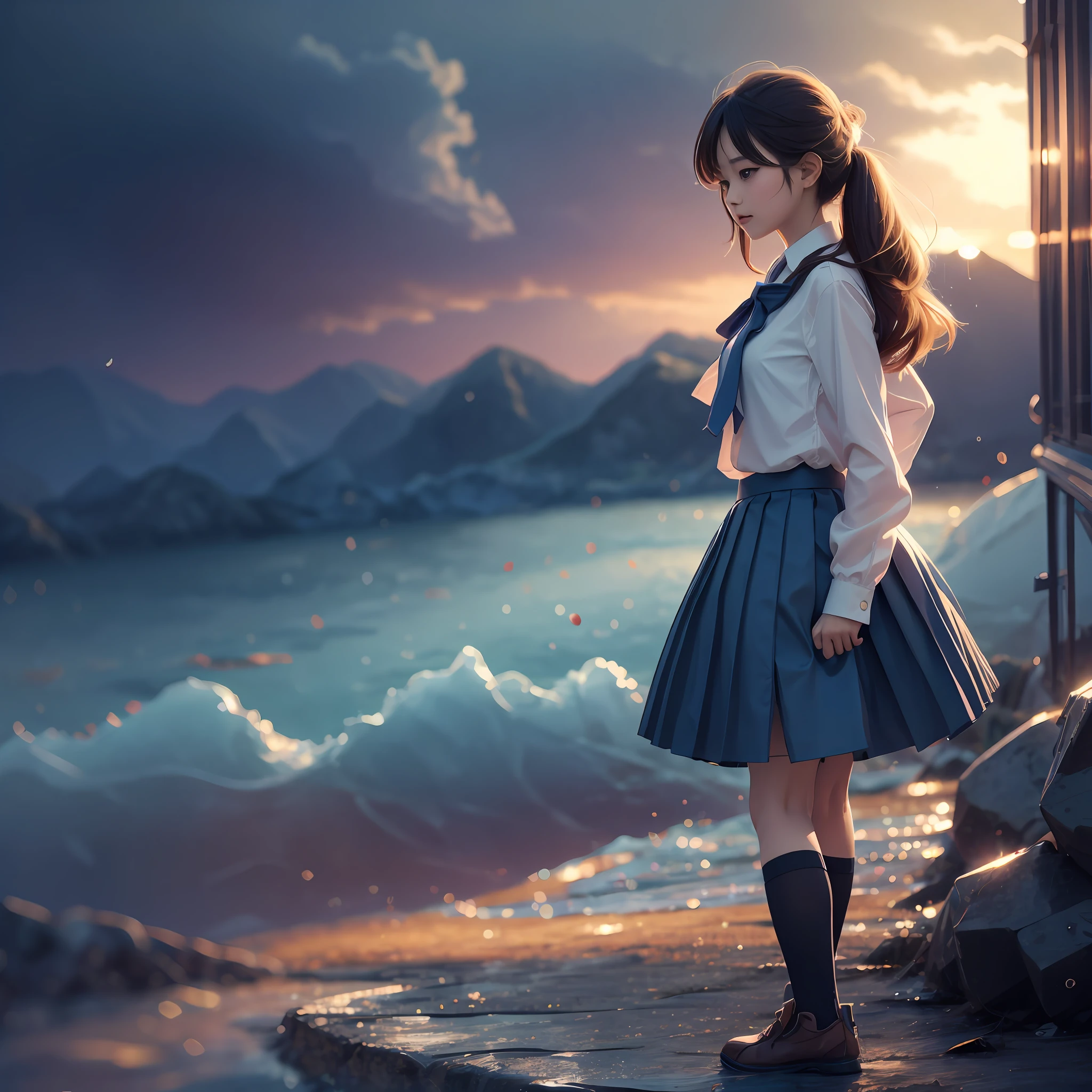Shoujo, pleated skirt, blue, sunset, anime, standing --auto --s2