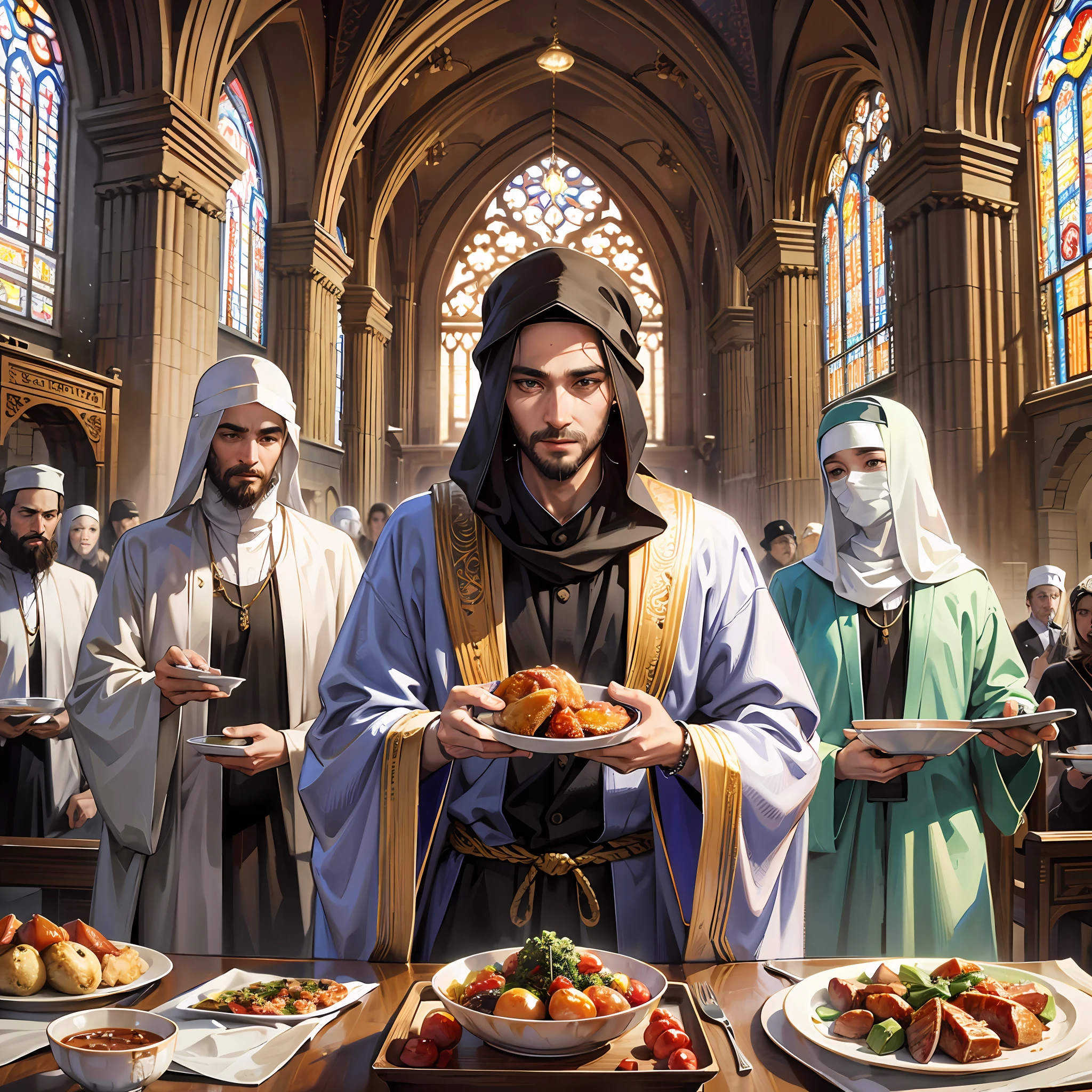 Muslim, eating pork, in church, worship, HD, realism, group portrait, male, Arabic style, robes --auto --s2