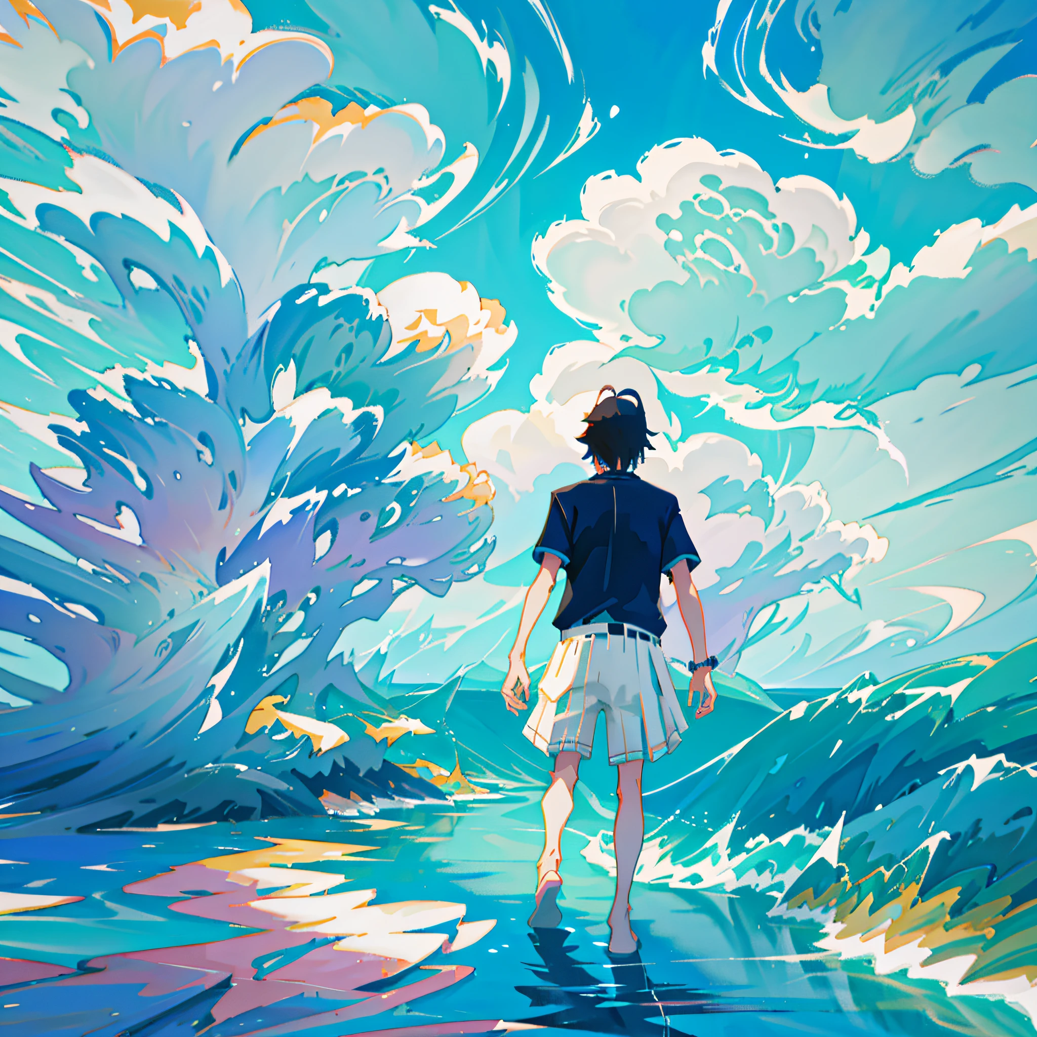 There is a man walking on water, looking at the sky, Makoto Shinkai Cyril Rolando, Makoto Shinkai Art Style, Walking on Water Landscape, 4K Manga Wallpapers, 4K Anime Art Wallpapers, 4K Anime Art Wallpapers, 8K Anime Art Wallpapers, Makoto Shinkai!, Cyril Rolando and Goro Fujita