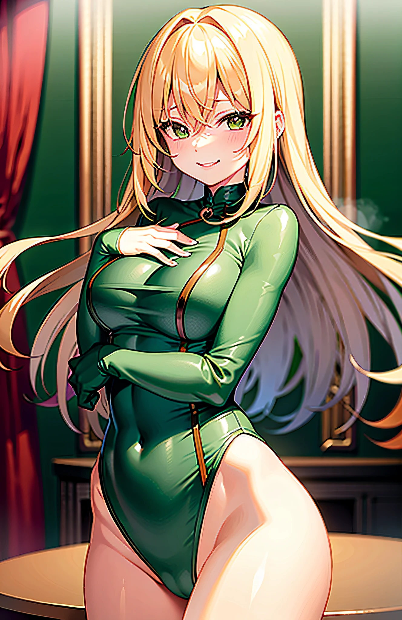 Blonde long hair, F cup, dark green bodysuit, (blush: 1.2), (erotic pose: 1.4), smile, cowboy shot