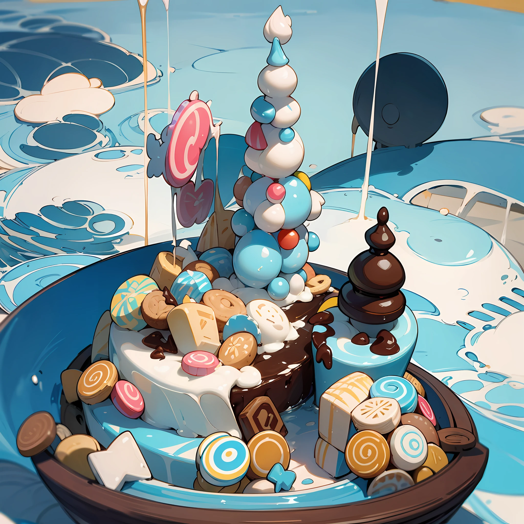 On a sunny day, there is an island in the vast sea, there is a candy house composed of ice cream, cream, chocolate, biscuits, and lollipops, the painting style is fresh and sweet, Morandi color, there is a small garden full of strawberry aroma, there is a chocolate fountain in the garden, 4K high quality, realistic cartoon, mysterious, high detail, the overall brighter --auto --s2