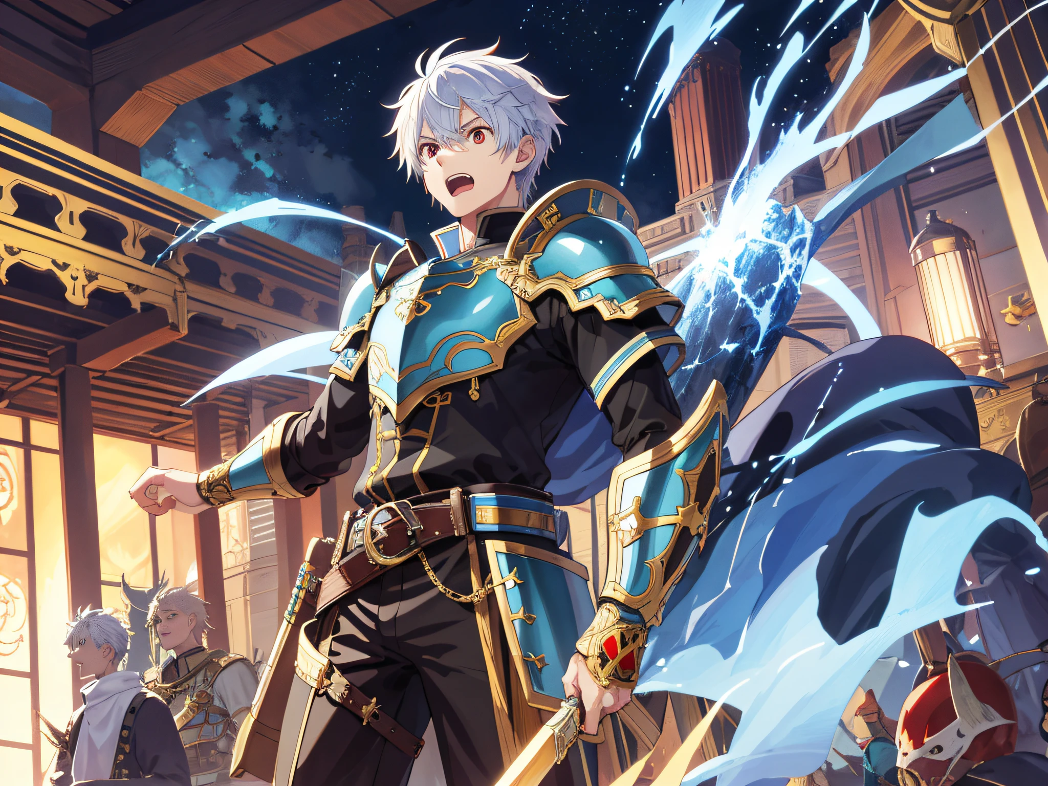 (ridiculous, high resolution, super detailed), (panorama), (1 male), adult, tall, wearing light blue armor, gold decoration, red eyes, evil charm, short white hair, western-style town, square, crowd, (surprised), open mouth, ccurate, anime, side view,