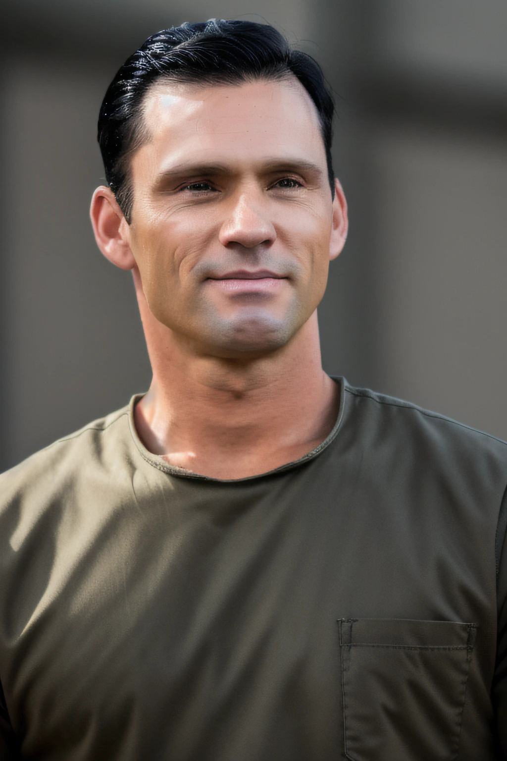 a man combed back black hair, orange prison uniform, upper body, close up, RAW, 8K, UHD, highly detailed face, candid, amateur, [smiling], prisoners in the background