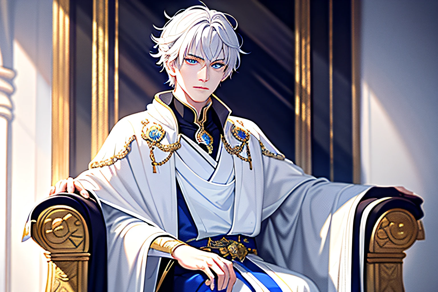 Young emperor, portrait, realistic, fantastic, intricate, short white hair, ice mage, wearing a white robe, sitting on an imperial throne, intimidating inside the palace, very detailed, digital painting, illustration, semi-realism, glowing blue eyes,