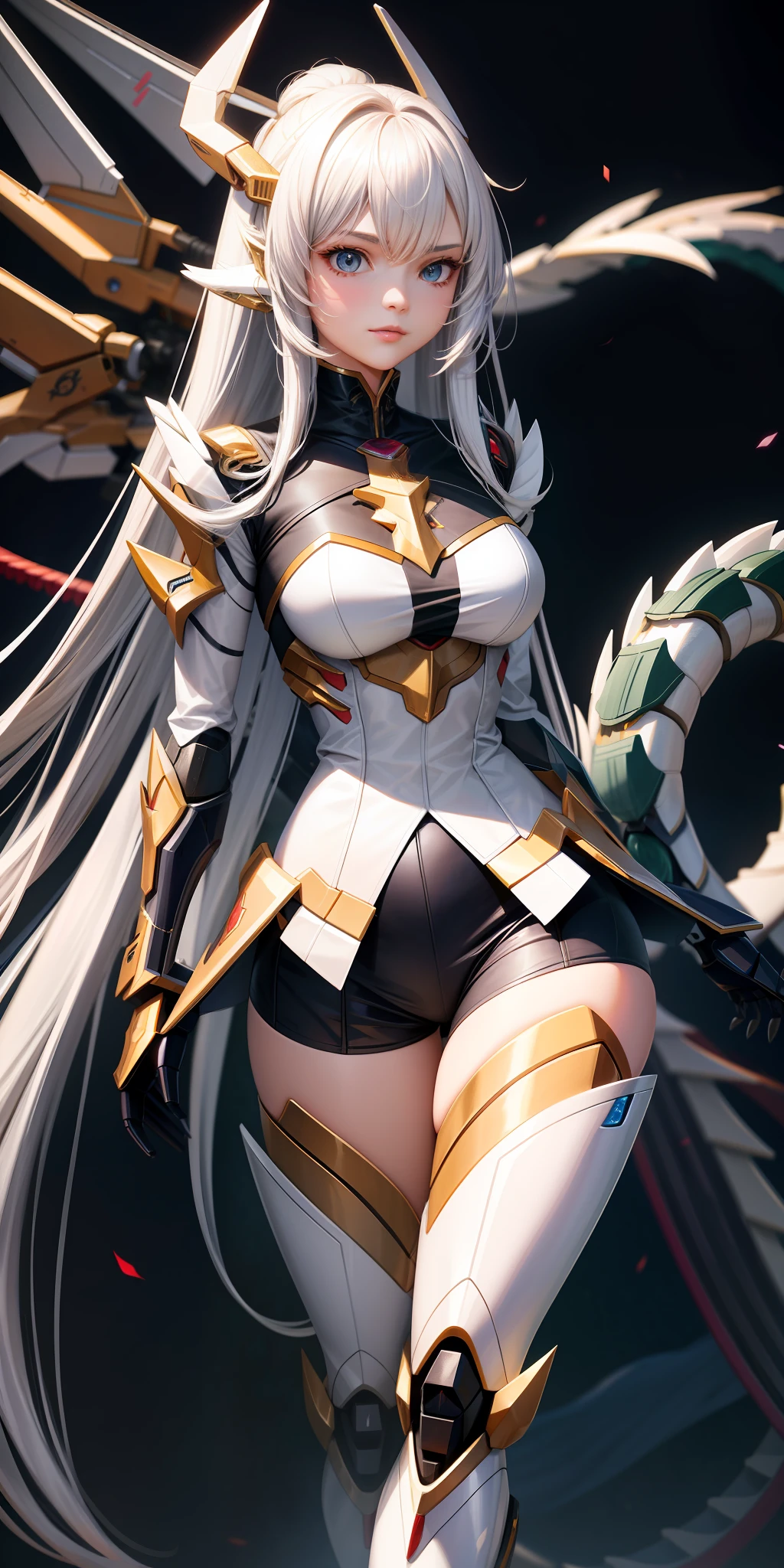 A beautiful girl with long white landing hair, wearing a mecha with dragon elements, mechanical dragon tail, and dragon mecha