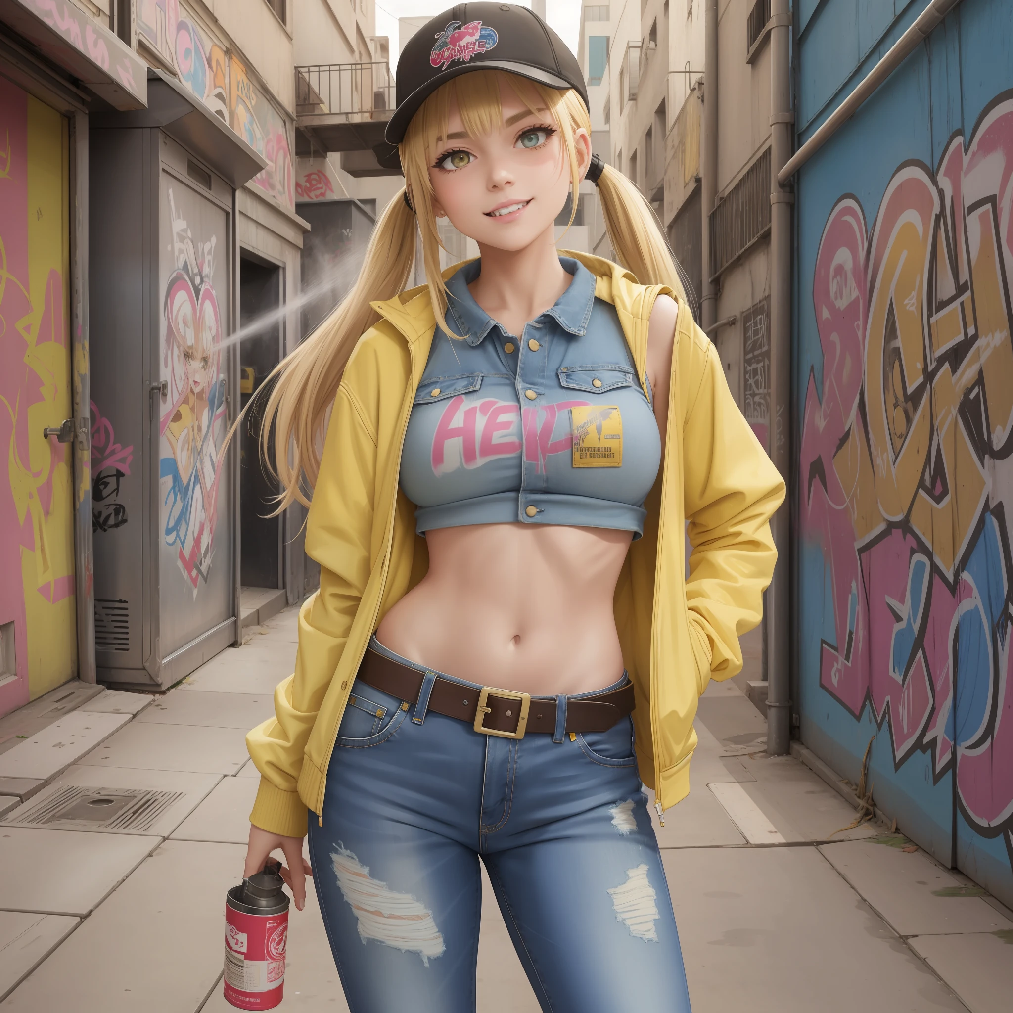 Beautiful Girl, Petite, Delicate Beautiful Attractive Face With Alluring Yellow Eyes, Messy Painted Face, Sharp Eyebrows, Broadly Smiling, Open Mouth, Fangs Out, Lovely Medium Breasts, Layered Long Twintail Blond Hair, Blush Eyeshadow, Thick Eyelashes, Applejack Hat, Oversized Pop Jacket, Mini Underboob Tee, Open Navel, Slim Waist, Denim Jeans Pants, With Buckle Belt, In The Graffiti Alley, Waste Container, Outside Stairs, Outdoor Unit, Holding Spray Paint Can, Standing, (Highest Quality, --auto --s2