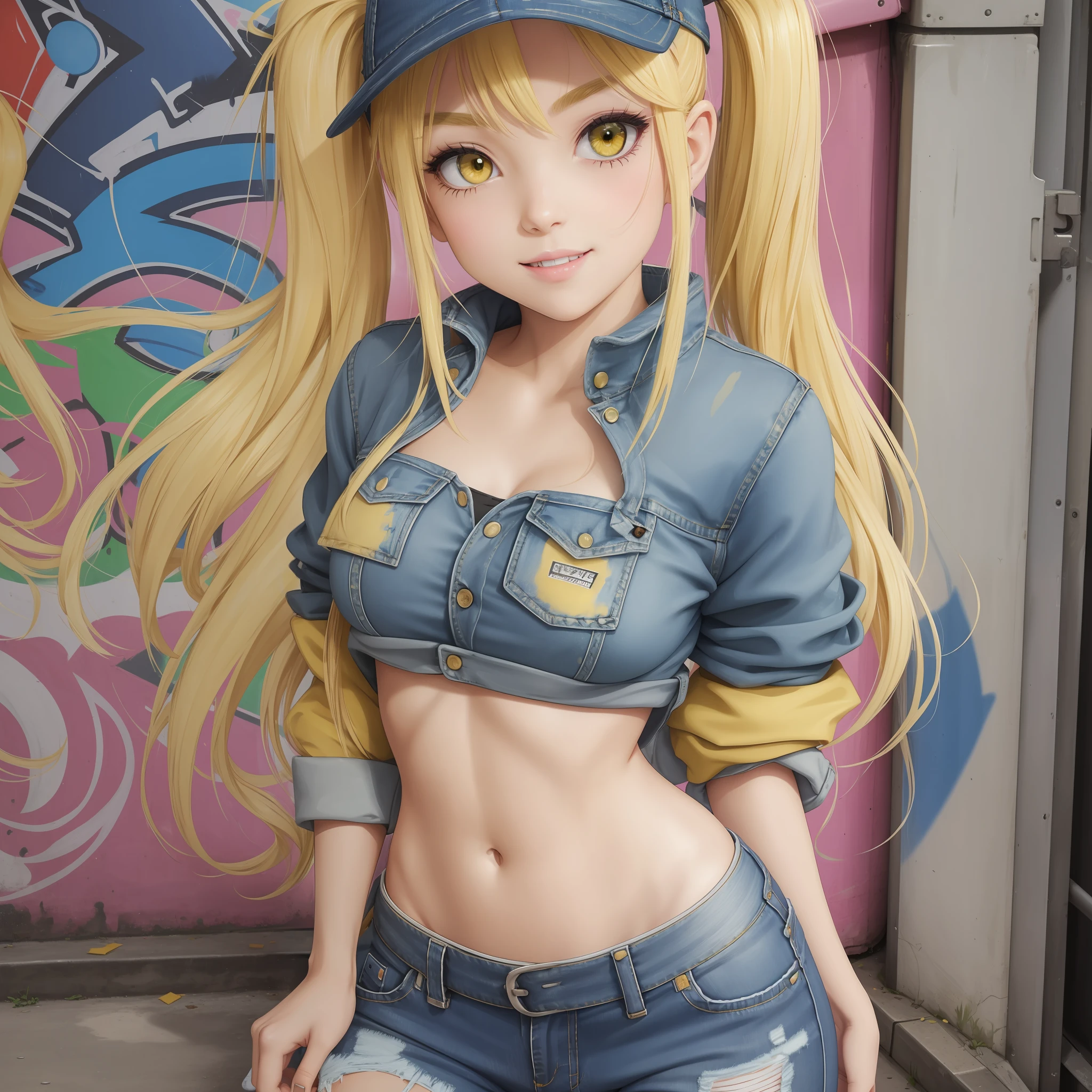 Beautiful Girl, Petite, Delicate Beautiful Attractive Face With Alluring Yellow Eyes, Messy Painted Face, Sharp Eyebrows, Broadly Smiling, Open Mouth, Fangs Out, Lovely Medium Breasts, Layered Long Twintail Blond Hair, Blush Eyeshadow, Thick Eyelashes, Applejack Hat, Oversized Pop Jacket, Mini Underboob Tee, Open Navel, Slim Waist, Denim Jeans Pants, With Buckle Belt, In The Graffiti Alley, Waste Container, Outside Stairs, Outdoor Unit, Holding Spray Paint Can, Standing, (Highest Quality, --auto --s2