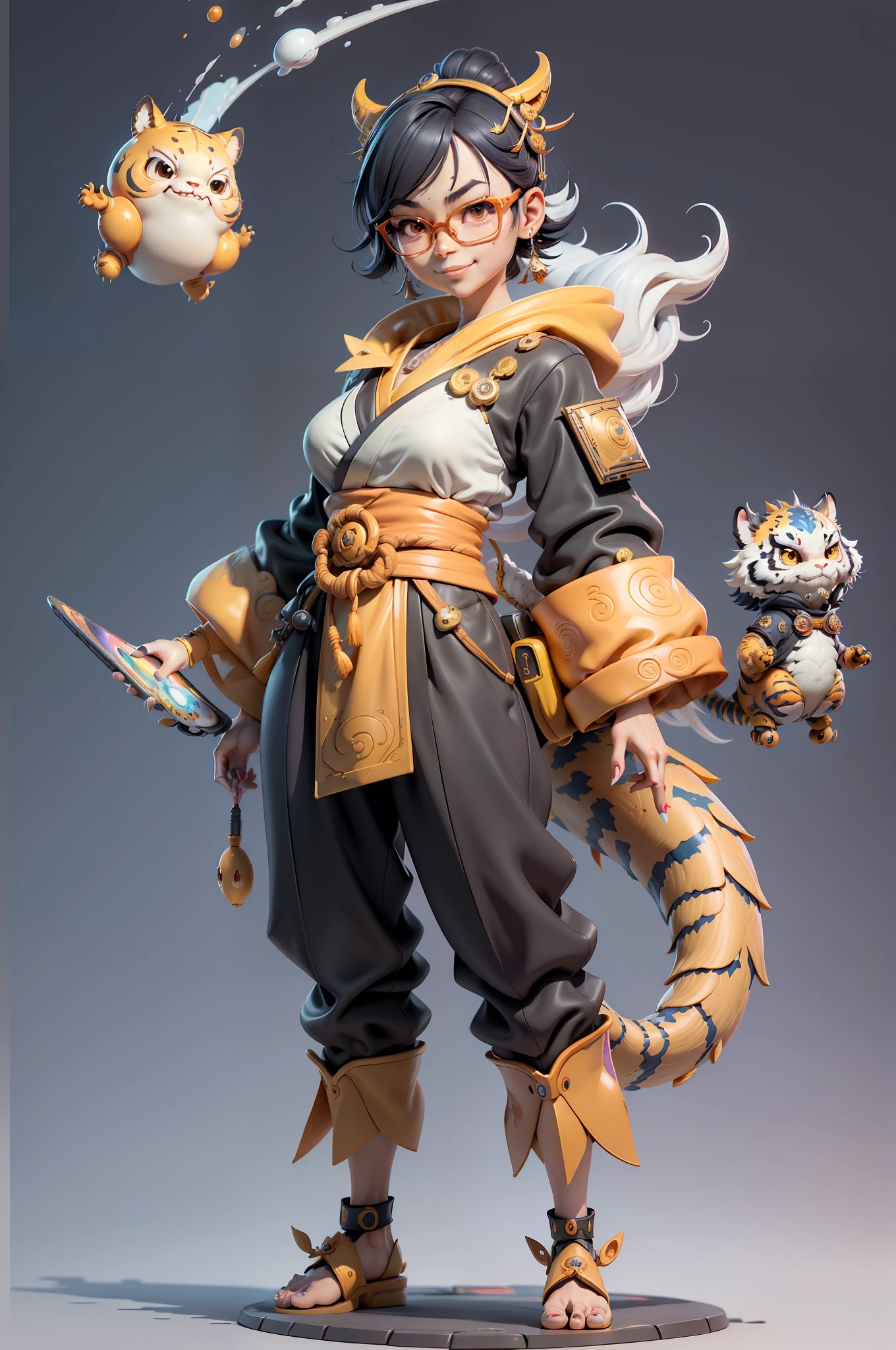 (Masterpiece), (Excellent), (Super Meticulous), (Full Body: 1.2), Super Young Woman, Japanese Geisha, Beauty, Chinese Dragon, Tiger, Wind God Thor, Sexy, Bursting, Oriental Face, TV Anchor, Bust Portrait Illustration, Alone, Black Suit, Blue Tie, Slightly Chubby, Very Clean Face, Silver Glasses, Black Super Short Hair, Black Eyes, Confident Smile, 3c Computer Sub-Products, iPad, iPhone, Digital Painting, 3D character design by Mark Clairedon and Pixar and Hayao Miyazaki and Akira Toriyama, the illustrations are HD illustrations in 4K resolution with highly detailed facial features and cartoon-style visuals.