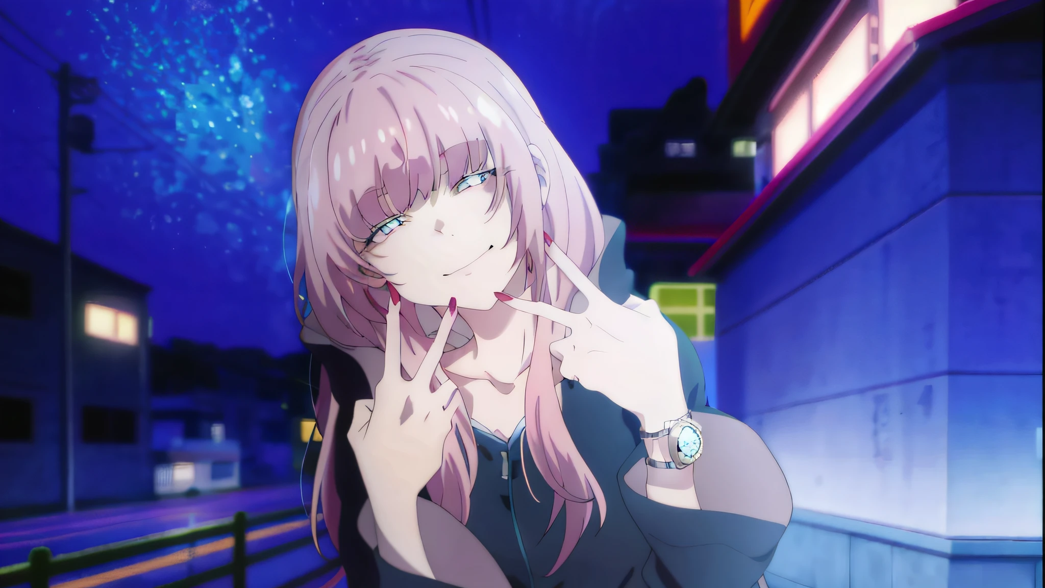 anime girl with long pink hair and a watch on her wrist, with index finger, anime visual of a cute girl, still from tv anime, today's featured anime still, anime visual of a young woman, aesthetic award winning anime, anime portrait of shiina ringo, hanayamata, anime best girl, in an anime, anime girl named lucy
