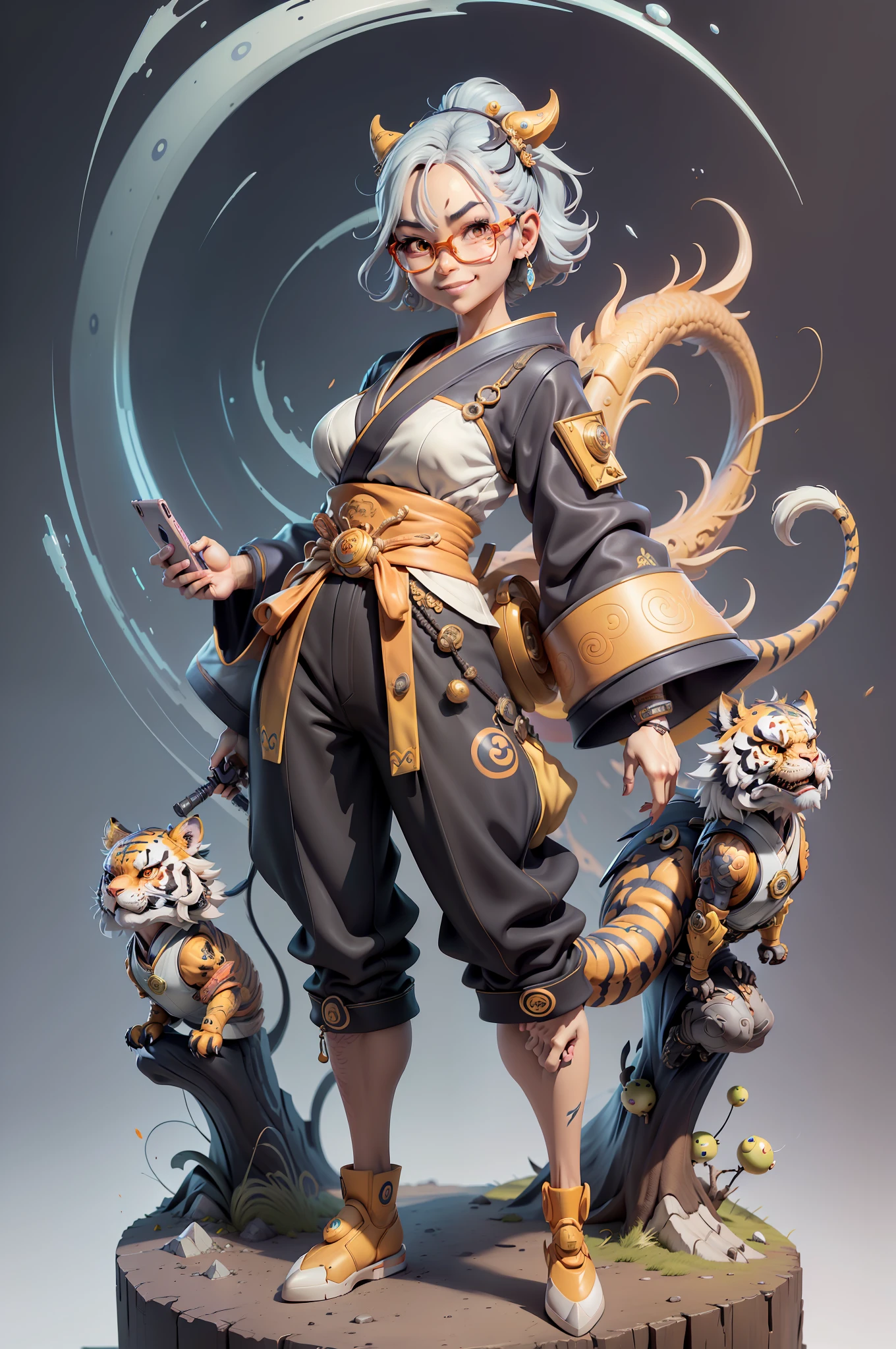 (Masterpiece), (Excellent), (Super Meticulous), (Full Body: 1.2), Super Young Woman, Japanese Geisha, Beauty, Chinese Dragon, Tiger, Wind God Thor, Sexy, Bursting, Oriental Face, TV Anchor, Bust Portrait Illustration, Alone, Black Suit, Blue Tie, Slightly Chubby, Very Clean Face, Silver Glasses, Black Super Short Hair, Black Eyes, Confident Smile, 3c Computer Sub-Products, iPad, iPhone, Digital Painting, 3D character design by Mark Clairedon and Pixar and Hayao Miyazaki and Akira Toriyama, the illustrations are HD illustrations in 4K resolution with highly detailed facial features and cartoon-style visuals.