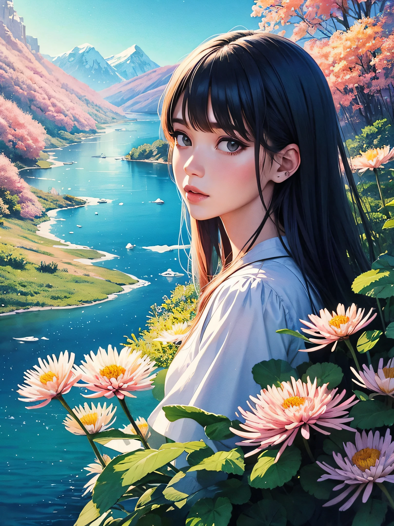 (watercolor) Masterpiece Portrait, Hdr, volumetric lighting, (themum:1.3), valley mountain forest, ocean ice rivers aurora, (portrait) anime (woman:1.3) 1girl