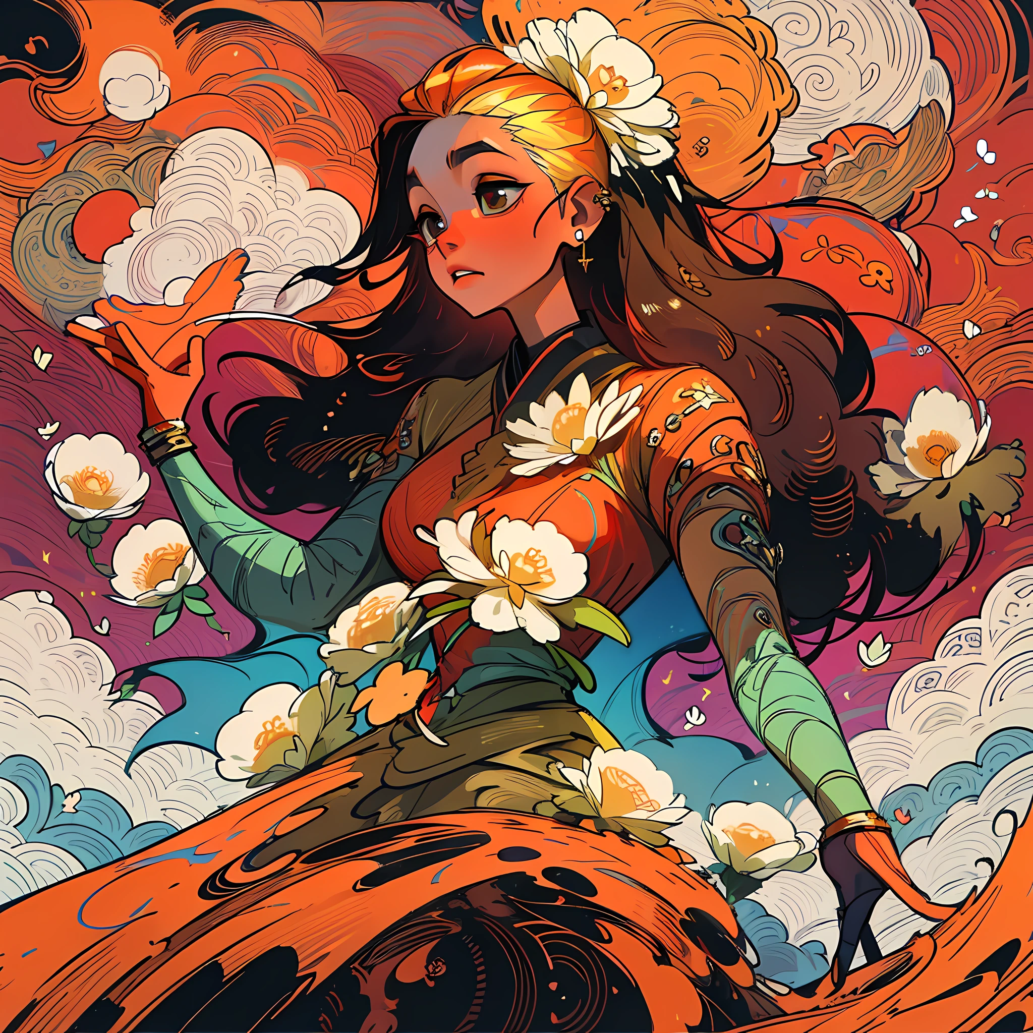 (Masterpiece, Top Quality, Best Quality, Official Art, Beauty and Aesthetics: 1.2), (1girl: 1.3), Very Detailed, (Fractal Art: 1.1), (Gold: 1.1) (Flowers: 1.3), Most Detailed, (Zentangle: 1.2), (Dynamic Pose), (Abstract Background: 1.3), (Shiny Skin), (Many Colors: 1.4), ,( earrings), (shine:1.5), (Flamethrower:1.3), red background, Phoenix skirt,