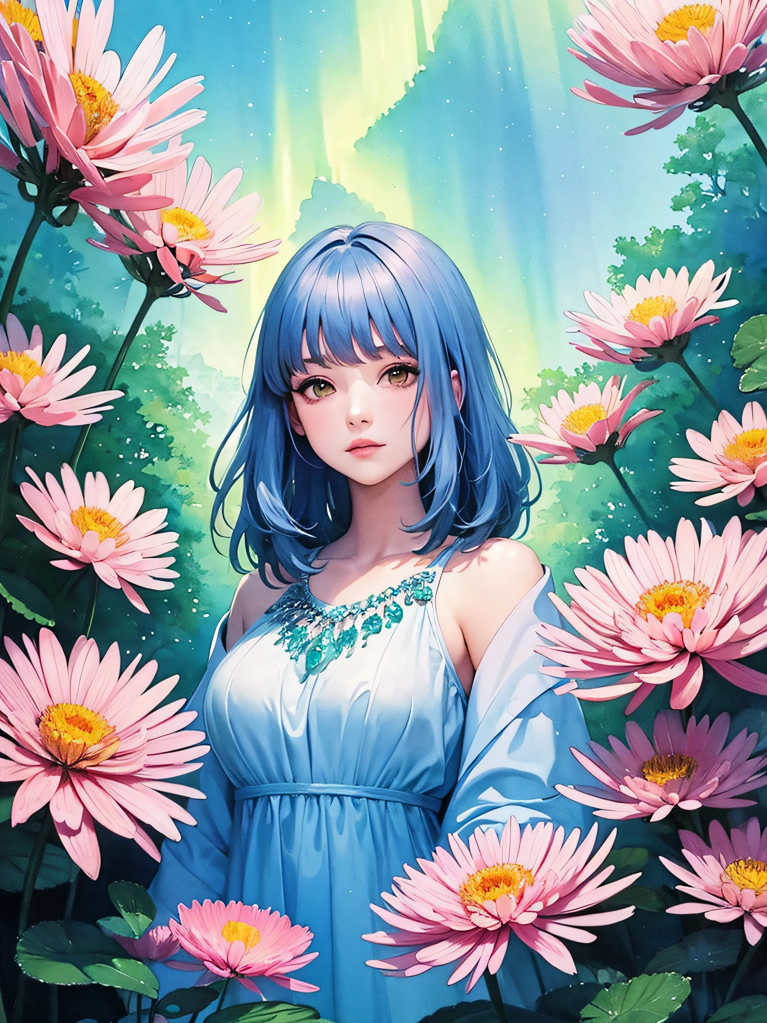 (watercolor) Masterpiece Portrait, Hdr, volumetric lighting, (themum:1.3), valley mountain forest, ocean ice rivers aurora, (portrait) anime (woman:1.3) 1girl
