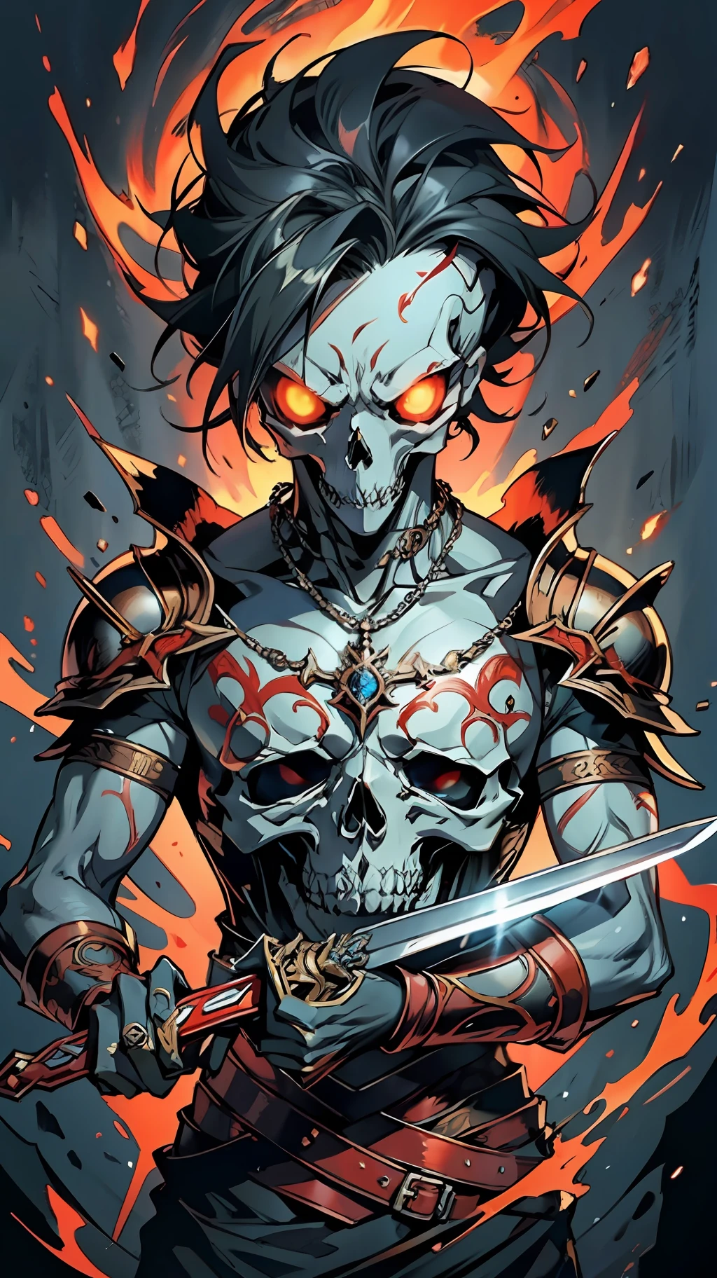 An anime poster featuring a dark skull, evil and dangerous, intricate and delicate armor on the upper body, skull jewelry and necklace decoration, lean figure, holding a horizontal sword on the chest, fierce and empty flame eyes, hands folded, a large number of blue flame skull soul surrounding, flowing special effects, red background, visual impact, art of demons, real human skeletons, manga style art, light red and light black, action painting