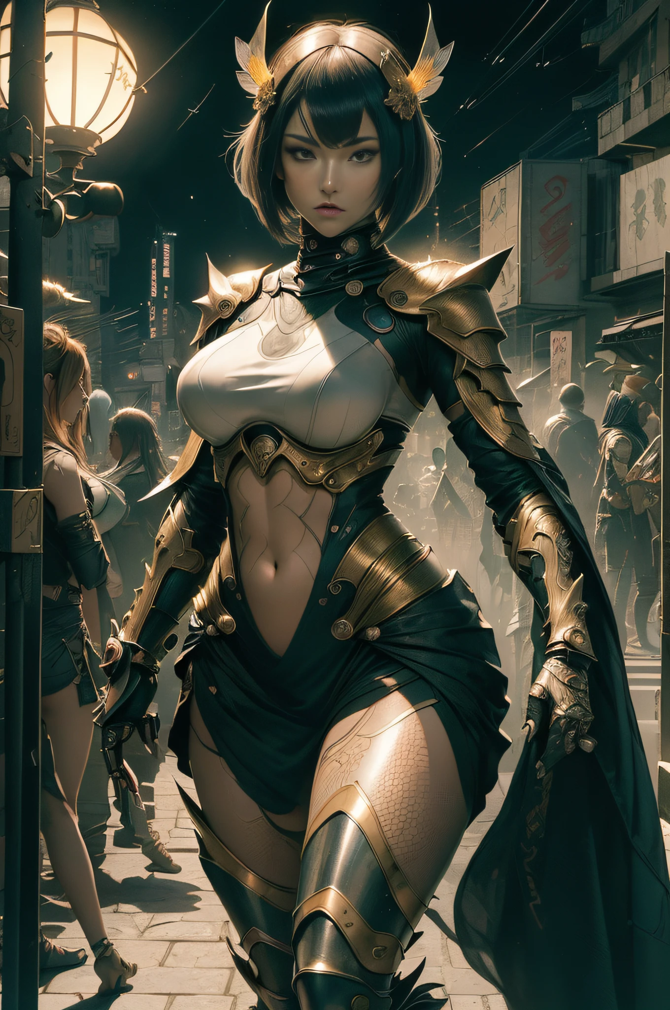 [Detailed illustrations, art based on extremely ideal anatomy, very detailed and detailed drawings, delicate lines with slow and urgent, realistic texture expression],(((Color tressed lines)),(Artwork with outstanding craftsmanship),(Shinjuku background at night),[(HENTAI ANIME) NINJAGirl Japanese Beauty 15 years old Petite and muscular ((slender)) Short bob cut] ,((Hornet) Orange Ninja Battle Armor) Scarf (Stole) (Translucent Fitting Rubber Inner) Honeycomb (Edge) (((Hair ornament))) (Dull metallic luster),Gravure (((KUNOICHI))),((Fine and beautiful skin expression (transparency)))),(Perfect and beautiful face,Realistic face details),(Perfect eyes (Realistic pupil details ( Beautiful iris drawn in detail) (sharp pupil)),((Perfectly proportioned proportions)),(Design built to a high level,((Advanced structural understanding)),Ideal color coordination),((Complex decoration (Ultra-dense detail))),(Detail,High definition),(Accurate simulation of light-material interaction,Understanding of air flow, Mechanically correct expression)),[Ultra-precision detail,HighQuality,High resolution,((Multilayered texture))],((Visual art that conveys narrative)).