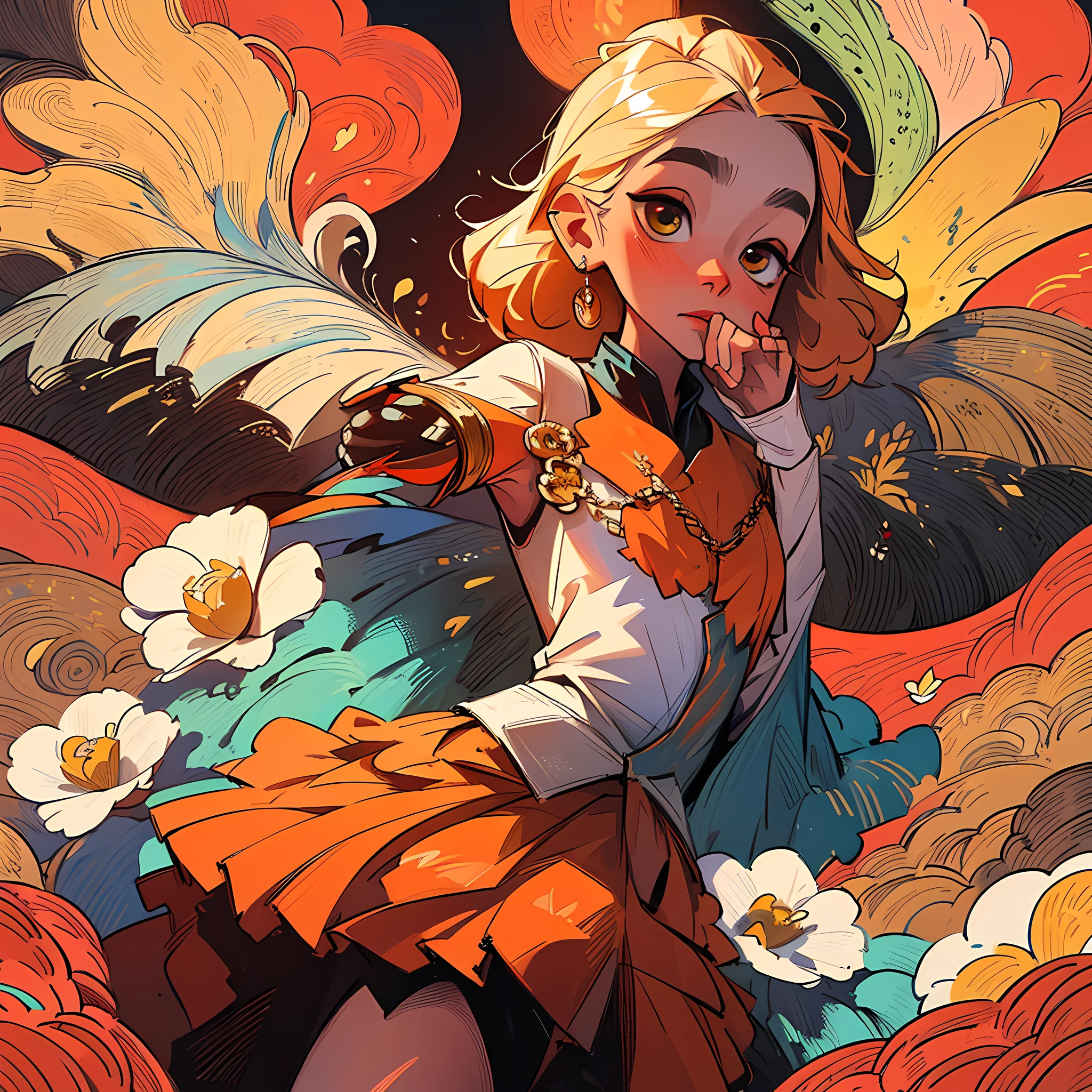 (Masterpiece, Top Quality, Best Quality, Official Art, Beauty and Aesthetics: 1.2), (1girl: 1.3), Very Detailed, (Fractal Art: 1.1), (Gold: 1.1) (Flowers: 1.3), Most Detailed, (Zentangle: 1.2), (Dynamic Pose), (Abstract Background: 1.3), (Shiny Skin), (Many Colors: 1.4), ,( earrings), (shine:1.5), (Flamethrower:1.3), red background, Phoenix skirt,