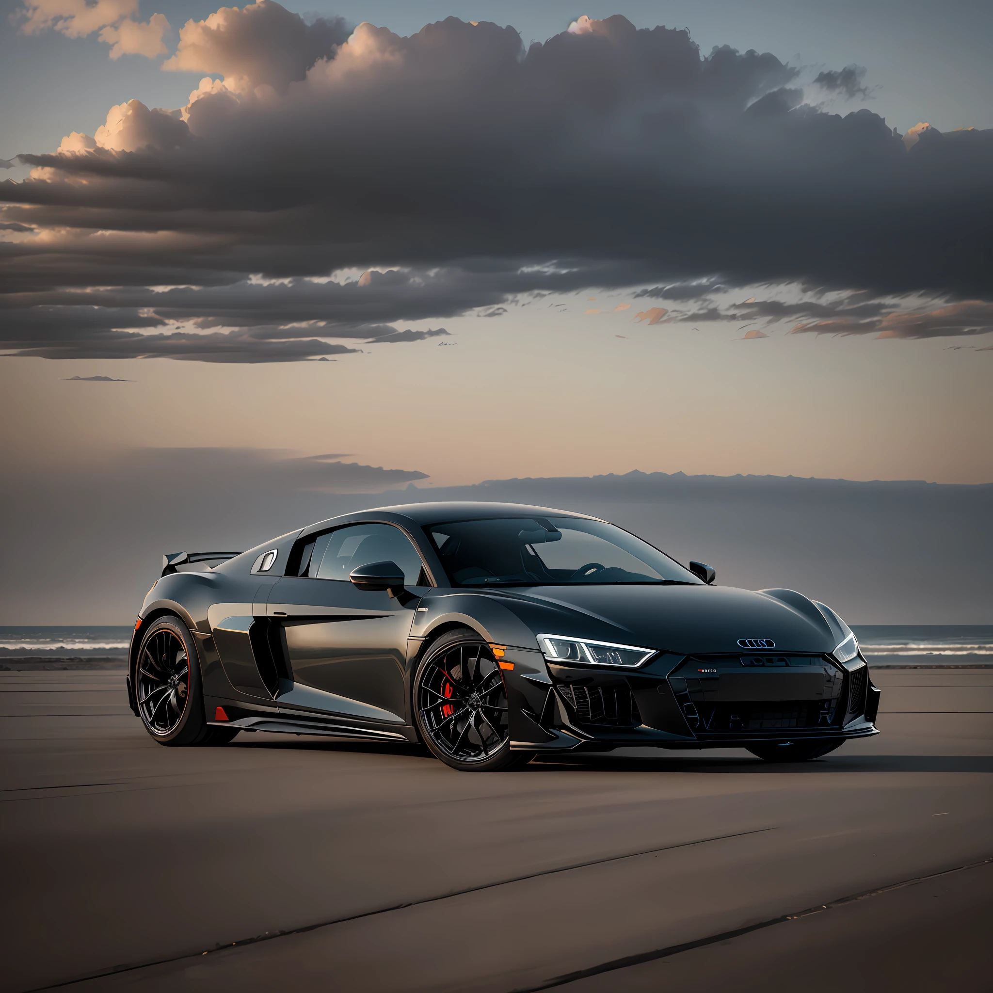 Black 2021 Audi R8, photo taken from afar, whole car, minimalist 5-spoke symmetrical custom wheels, symmetry, proportions, realistic, realistic car, car, best angle, masterpiece, best quality, ultra detailed, solo, evening, nature, beach, european architecture in the distance, clear sky, style, (warm tones, warm tones) (super realistic) (super detailed) HDR quality